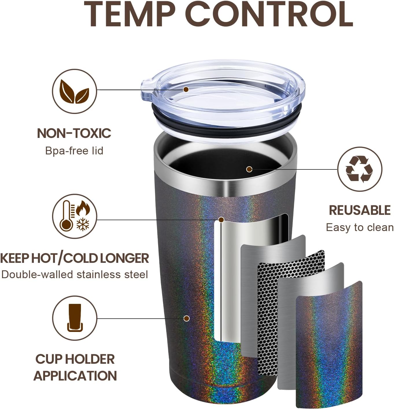 MEWAY 20oz Tumbler 12 Pack Double Wall Vacuum Insulated Travel Glitter Mug Bulk, Stainless Steel Tumblers with Lid and Straw, Powder Coated Coffee Cups for Woman(Gradient Black,Set of 12)