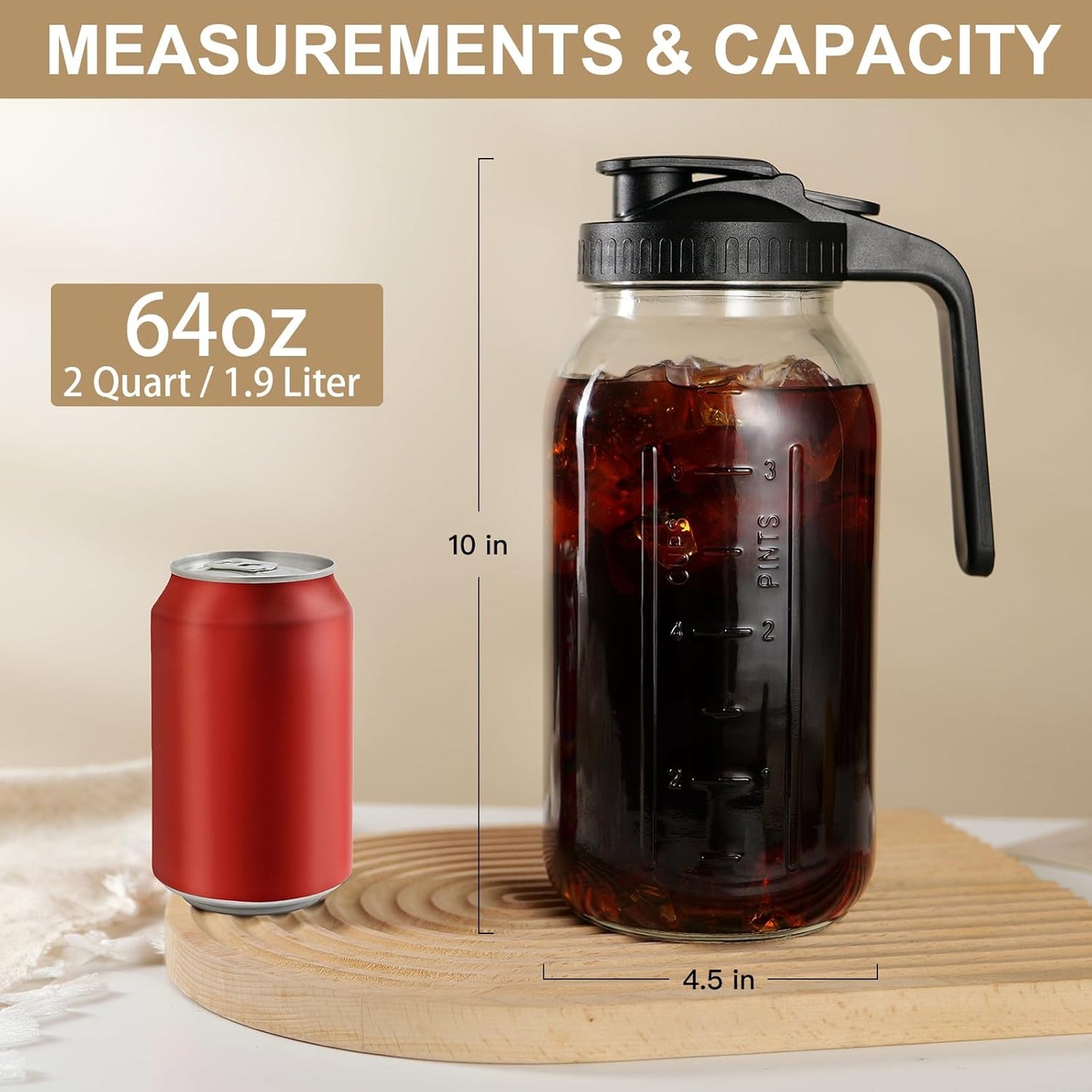 64 oz Glass Pitcher with Lid for Fridge, Half Gallon Pitcher with Lid, Leak Proof, Wide Mouth, 1/2 Gallon Glass Juice Jug for Ice Tea and Coffee (Black)