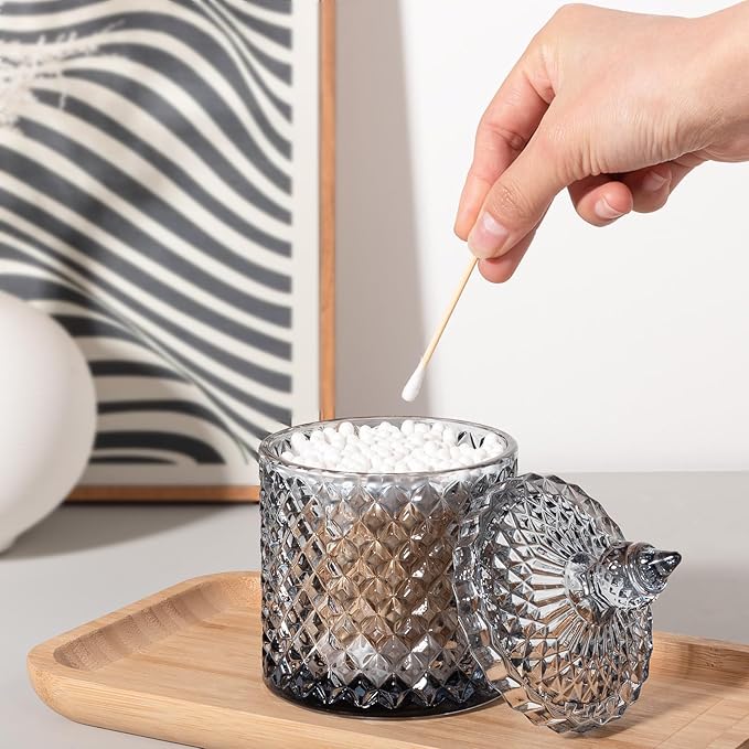 rejomiik 2 Pack Qtip Holder Thick Glass Apothecary Jars with Lid for Bathroom Decor Storage Organizer for Cotton Swabs, Balls, Pads, Floss Picks, Candy, Jewelry, Grey