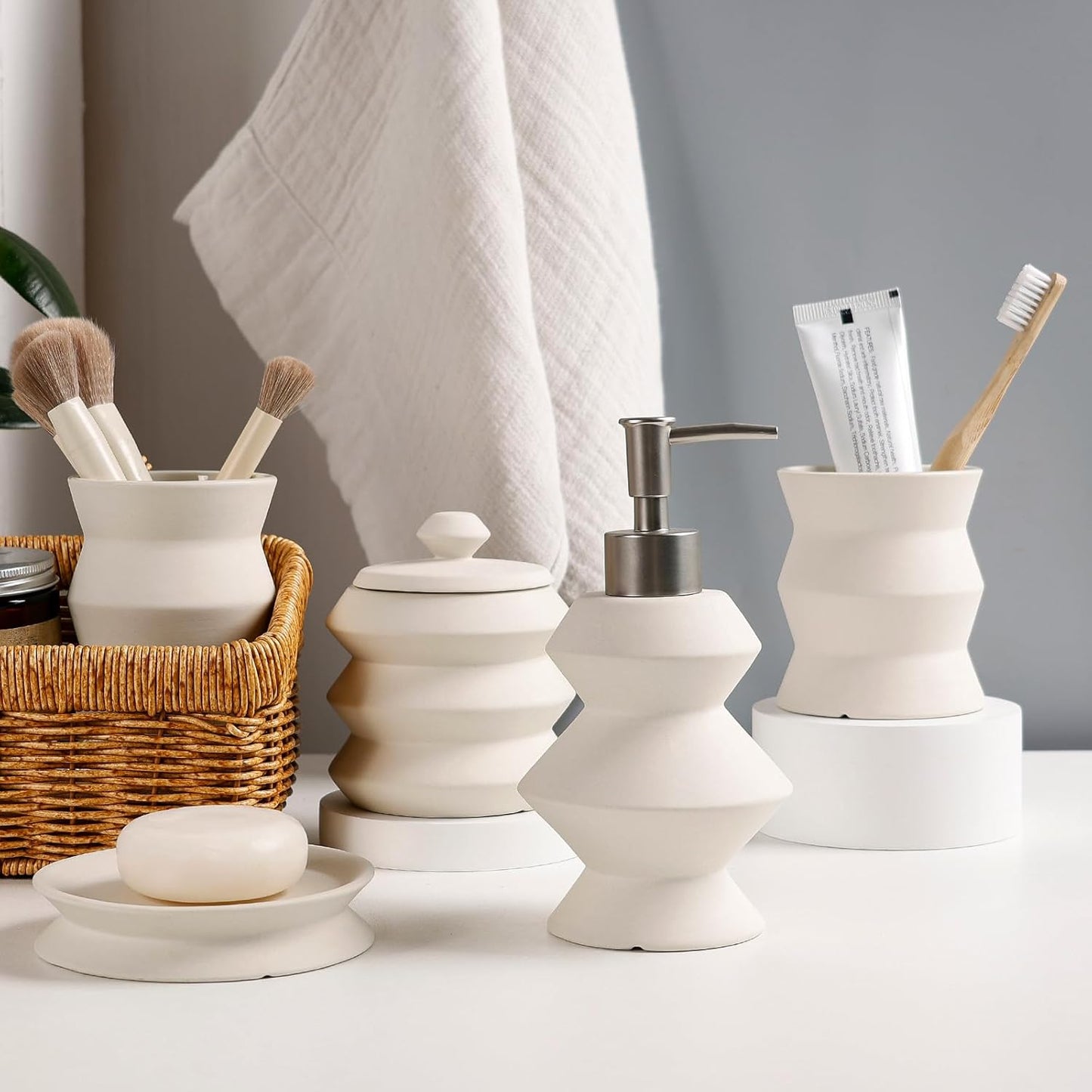 Bathroom Accessory Set 5PCS, Beige Ceramic Bathroom Accessories Set, Unique Design Small Bathroom Accessories Sets Complete, Home Apartment Minimalist Bathroom Decor Vanity Countertop, ANTIS'S HOME