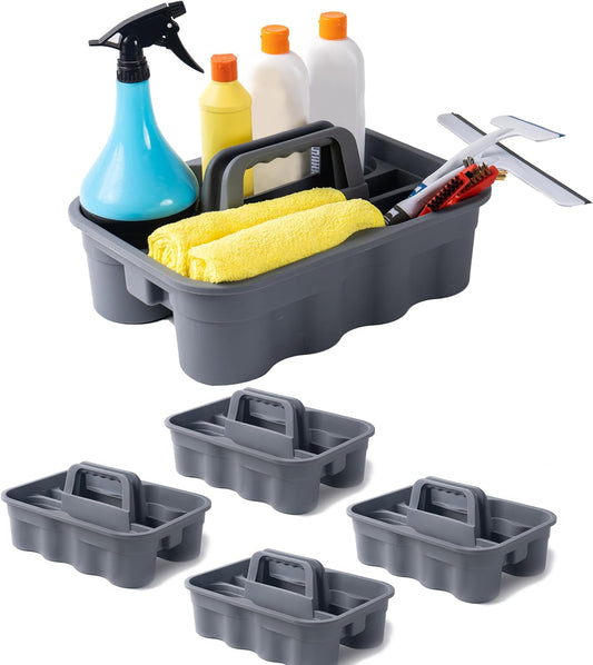 Matthew 5 Pack Large Plastic Tote Tool & Deluxe Supply Cleaning Caddy with Handle Portable Shower Basket Storage Caddy for Cleaning Products,Take-Out Drink,Bathrooms - Gray
