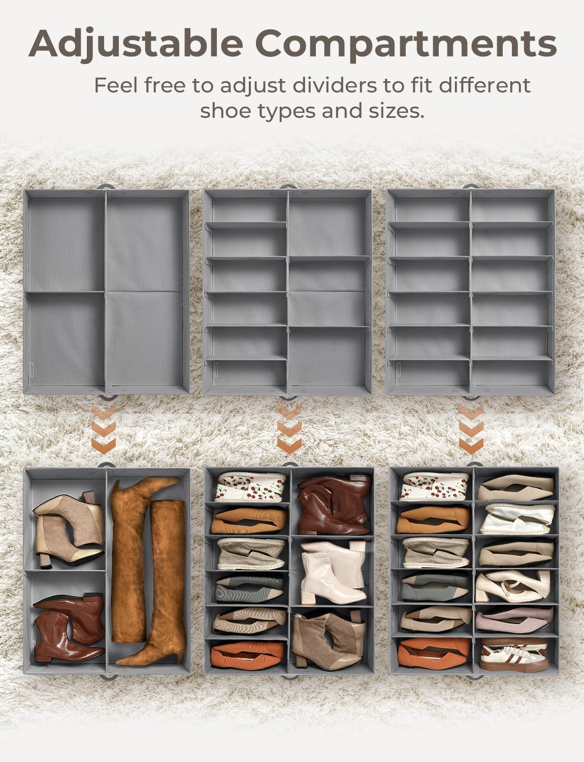 StorageWorks Shoe Organizer Under Bed for Closet, 2-Pack Ultra-thick Fabric Shoe Storage Containers with Bottom Support and Adjustable Dividers, Fits up to 24 Pairs, Grey