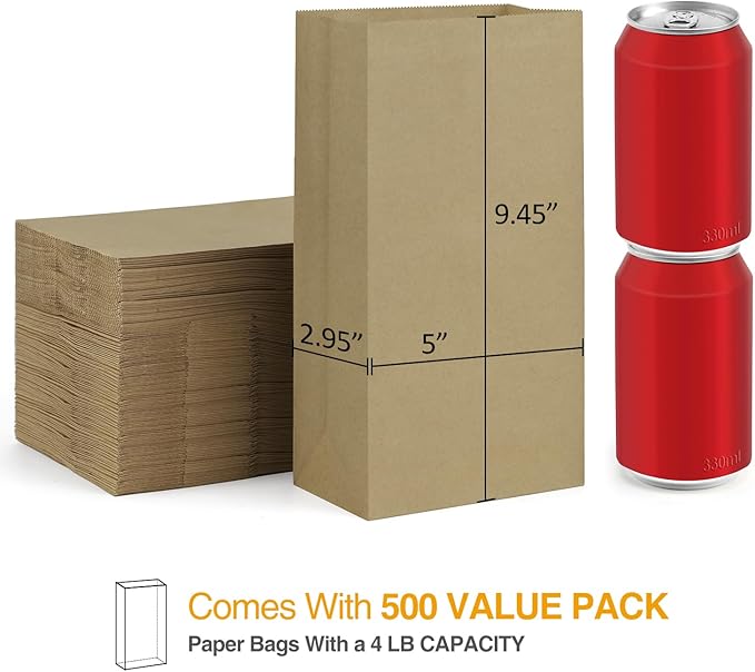 BagDream 500 Pack #4 Standard Lunch Bags, Natural Brown Kraft Paper Lunch Sacks Bulk for Snacks, Sandwich, Crafts, Party Favor Paper Bags 4 lb Capacity