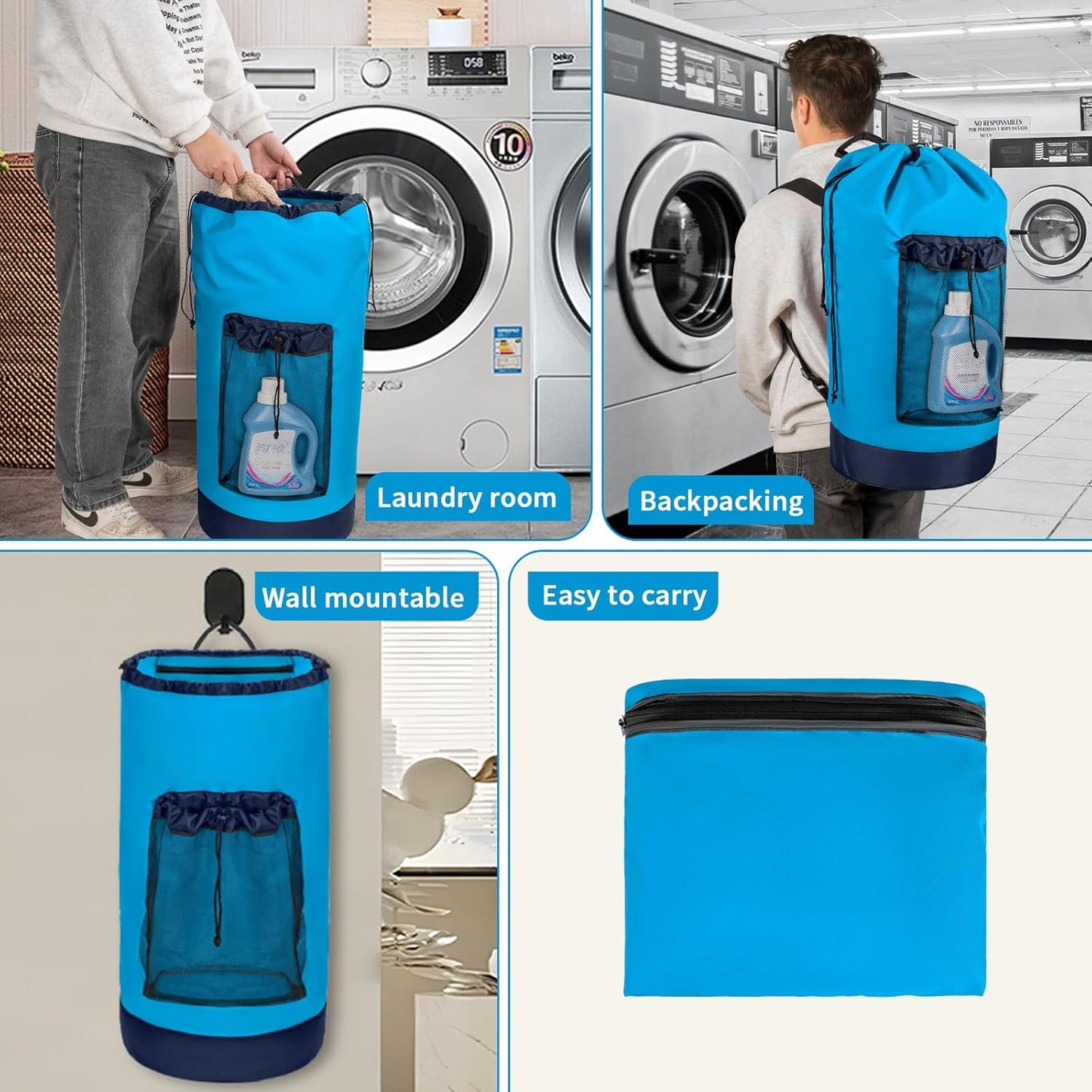 Laundry Bag Backpack with Shoulder Straps and Mesh Pocket Foldable Clothes Hamper Bag with Drawstring Closure for College, Apartment, Laundromat (Blue)