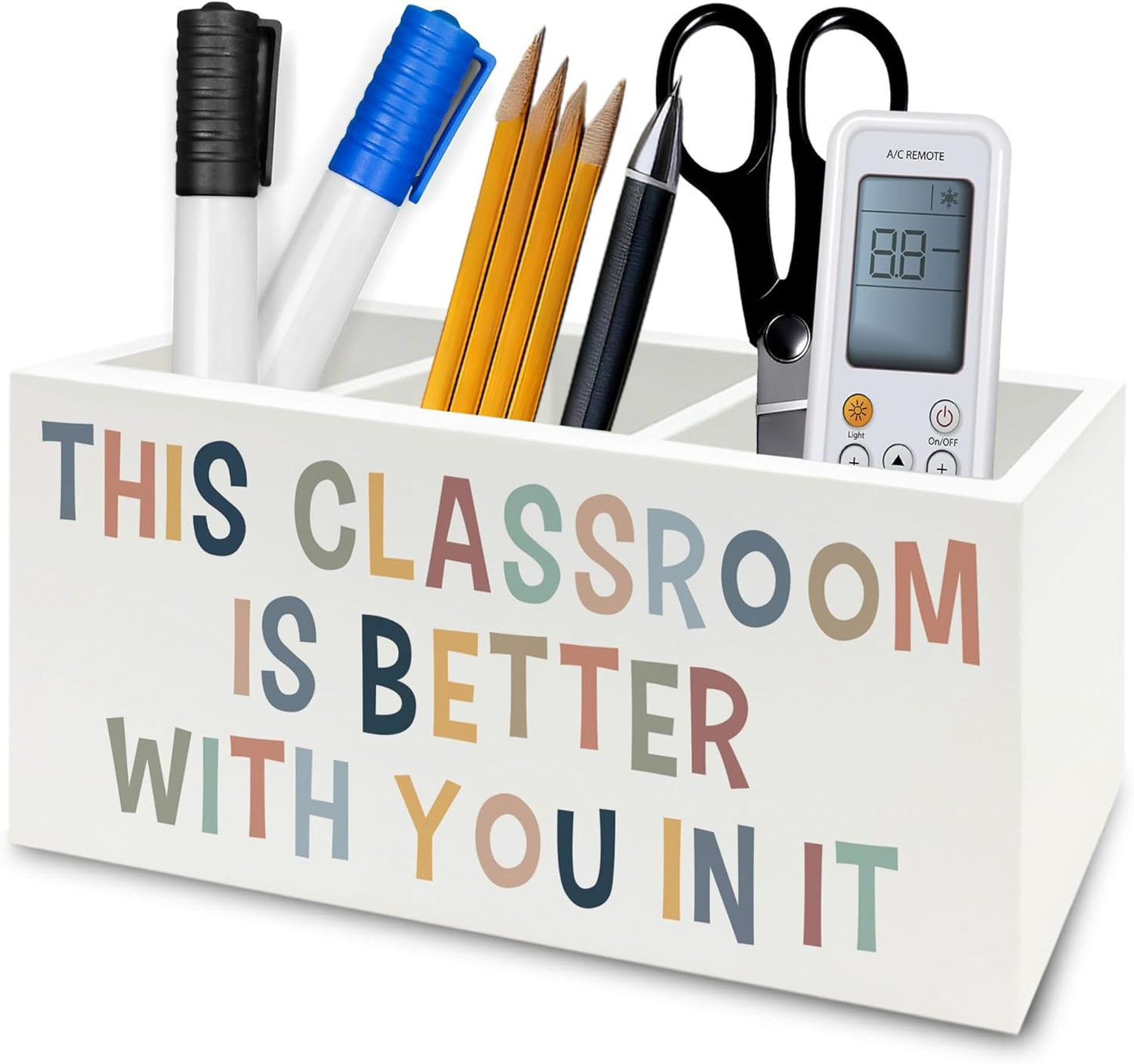 Boho Classroom Pen Pencil Holder Organizer for Desk, This Classroom Is Better With You in It Wooden Box Signs Decorations for Home Office Desk Tabletop, Back to School Supplies