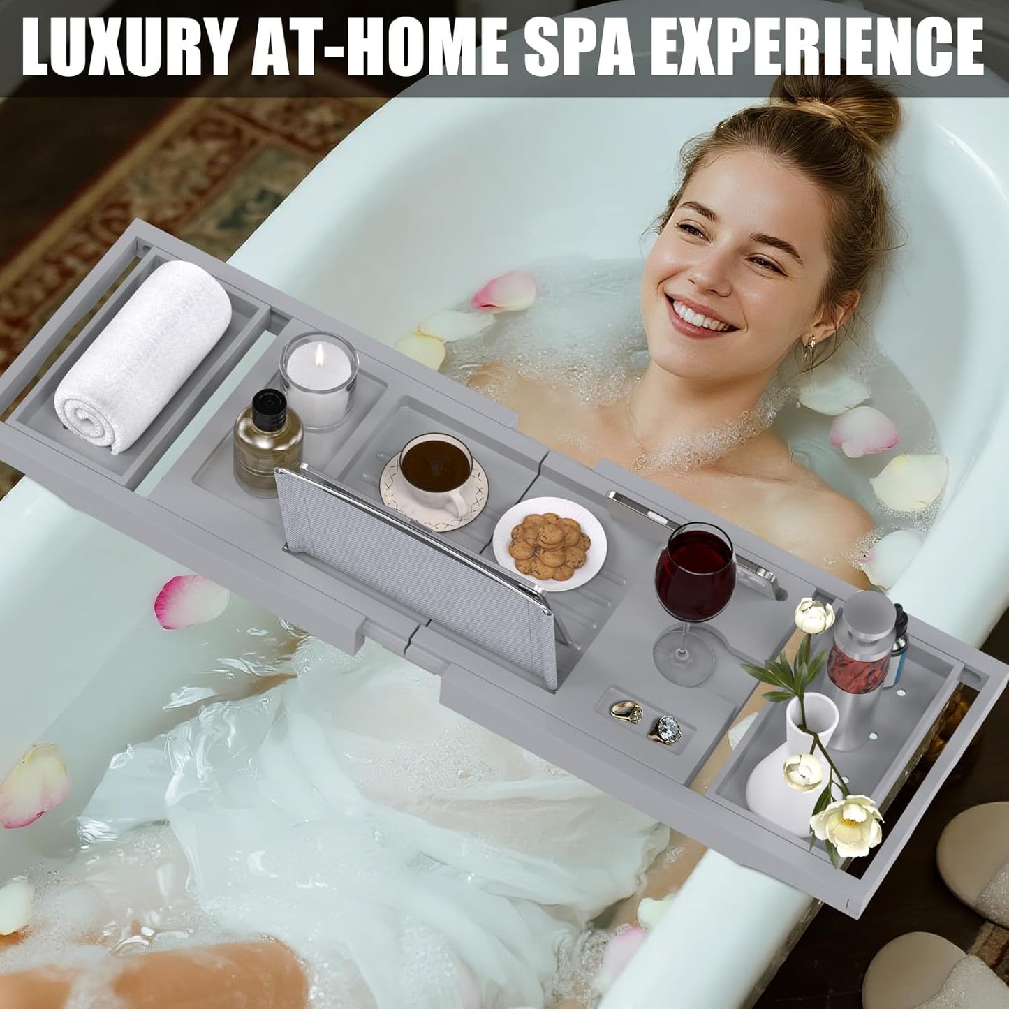 Bathtub Tray Caddy, Expandable Bath Trays for Tub, Bamboo Shelf & Table with Wine Glass Holder,Bathroom Accessories for New Home & Mothers Day & Birthday Gifts for Mom,Gray
