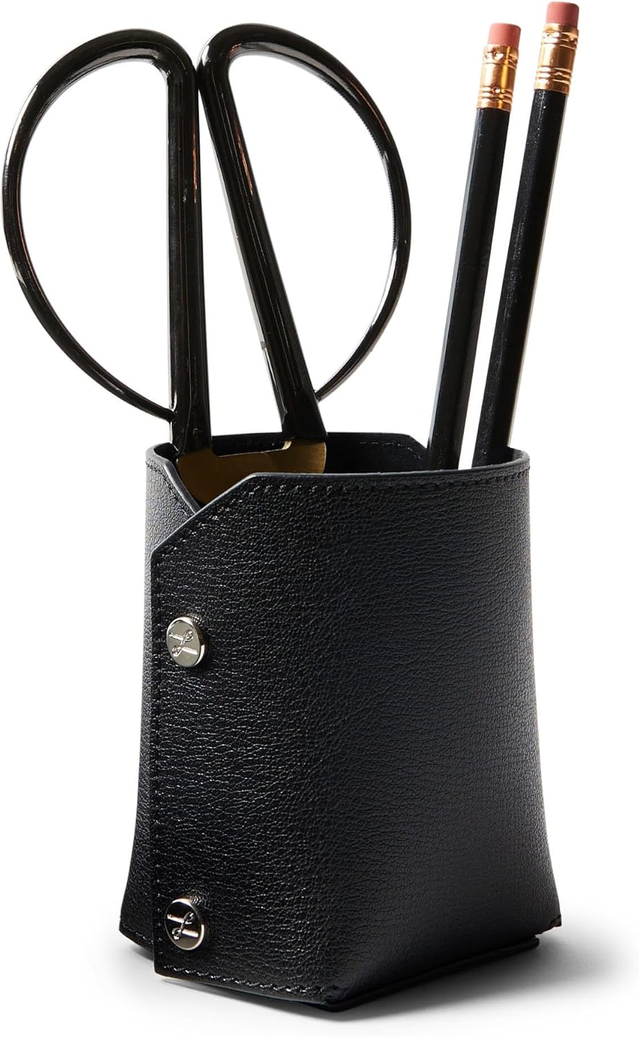 Leatherology Premium Black Modern Pencil Cup – Leather Desk Organizer with Snap Construction, Lays Flat for Travel, Minimalist Portable Design with Suede Interior