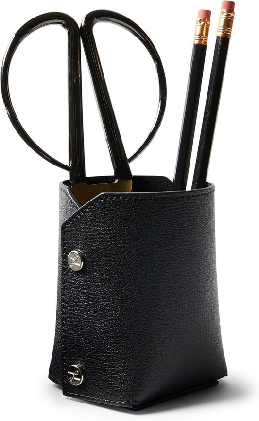 Leatherology Premium Black Modern Pencil Cup – Leather Desk Organizer with Snap Construction, Lays Flat for Travel, Minimalist Portable Design with Suede Interior
