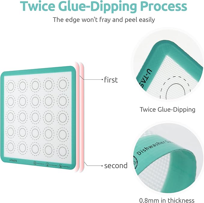 446ºF Heat Resistant Macaron Mat: U-Taste 11x11 Inch Non Stick Silicone Baking Mat, Reusable Cookies Pastry Sheet Liner with Edge Enhancement & Circle Measurement for Square Cake Pan (2 PCS, Aqua Sky)