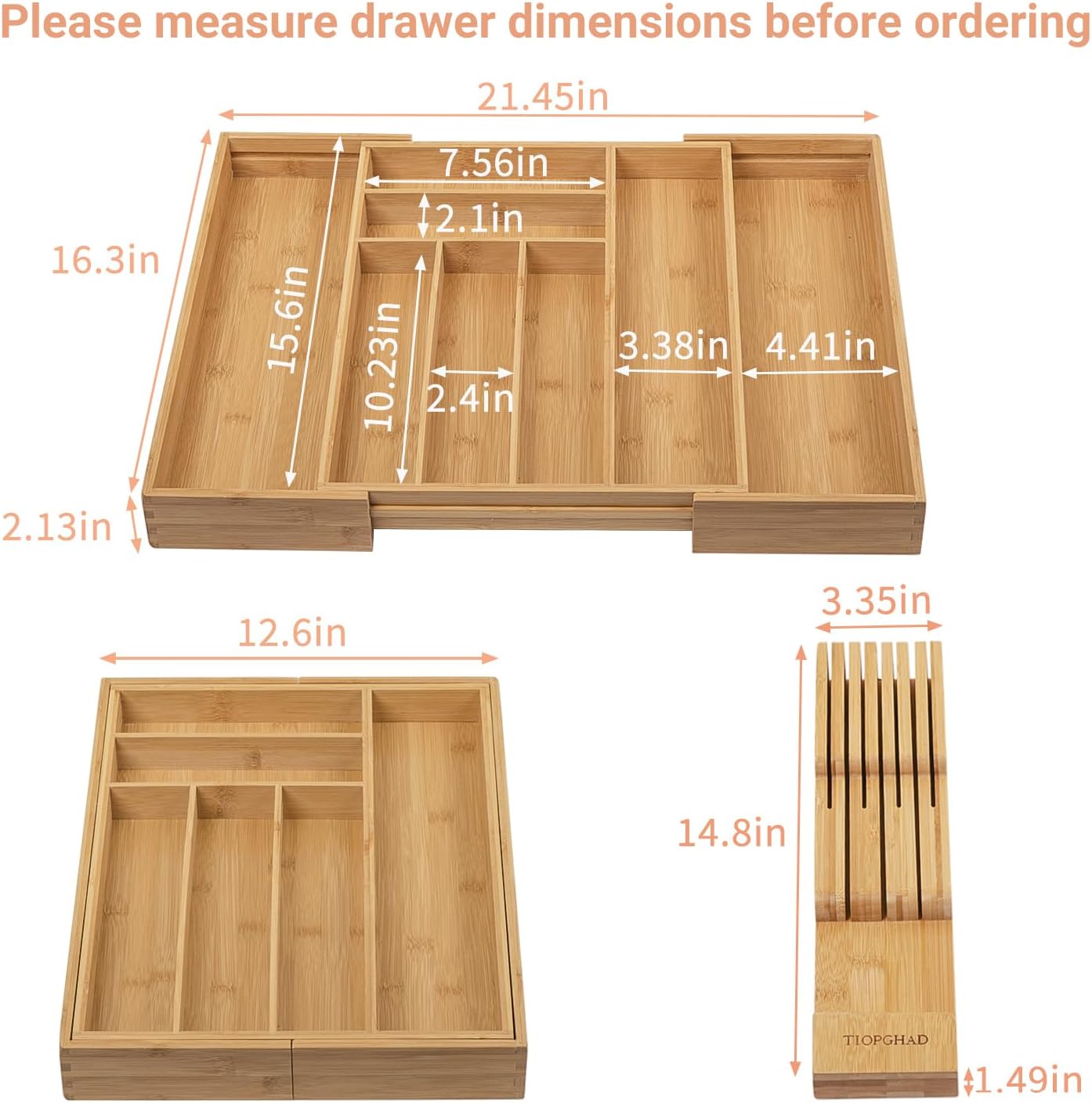 Bamboo-Silverware-Drawer-Organizer-Kitchen, Expandable Utensil Holder Cutlery Tray Flatware Organization Adjustable Wood Tableware Dividers Storage (with Removable Knife Block)(Natural)