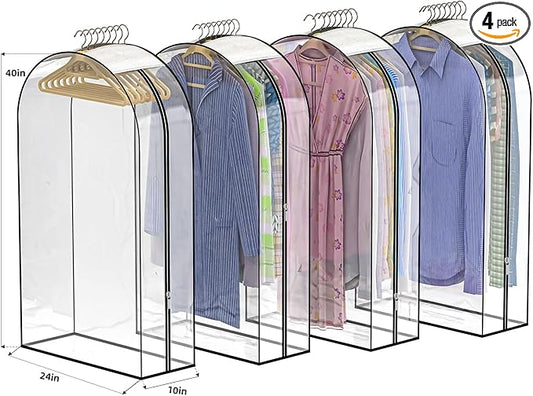 Upgraded Thickened Clear Garment Bags for Hanging Clothes 4 Packs, 10“ Gusseted and 40" Clothes Protectors for Hanging Clothes for Closet, Shirts, Coats, Dresses