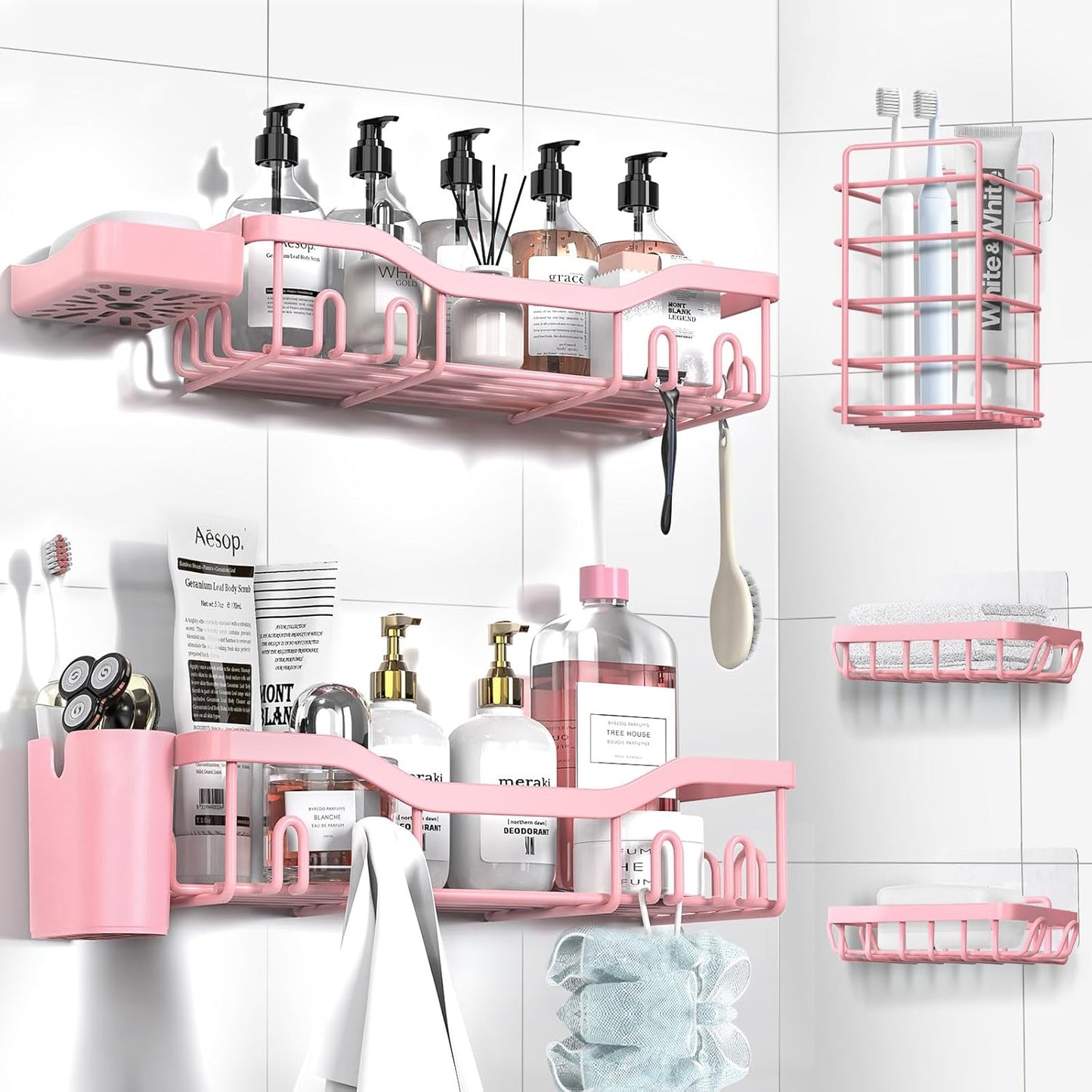 Shower Caddy Adhesive Shower Organizer 7-Pack, Rustproof Stainless Steel Bathroom Shelves, Large Capacity No-Drill Rack Storage Accessories with Soap Dish Toothbrush Holder Hooks (Pink)