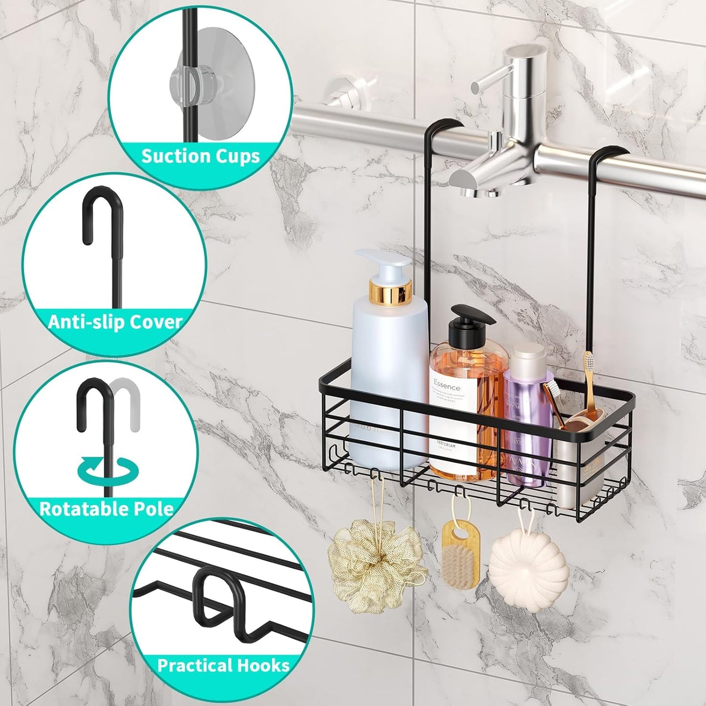 HapiRm Hanging Shower Caddy Organizer - No Drilling Shower Organizer with Hooks, Rustproof & Waterproof 304 Stainless Steel Bathroom Shelves - Black (1 Basket)