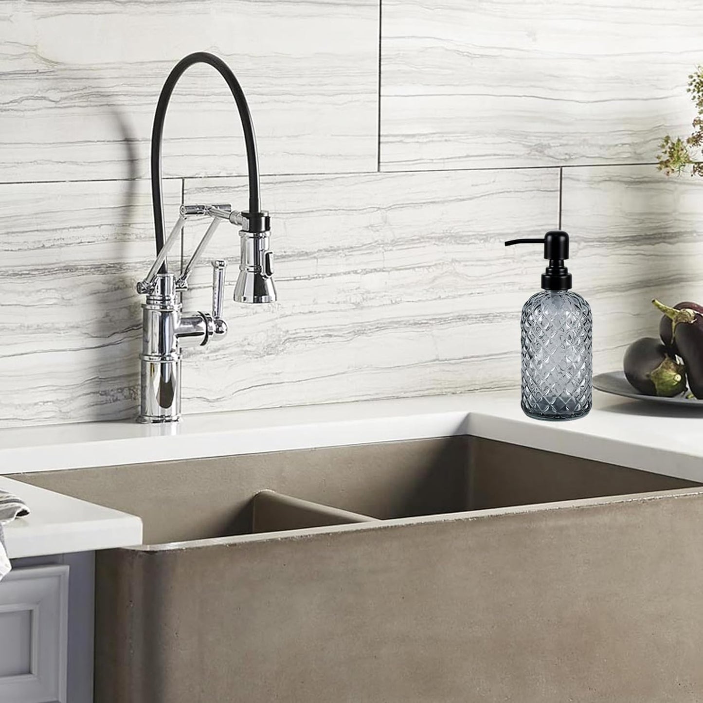 12Oz Glass Soap Dispenser with 304 Black Rustproof Stainless-Steel Pump, Refillable Glass Soap Dispenser for Kitchen, Bathroom, Farmhouse (Grey)