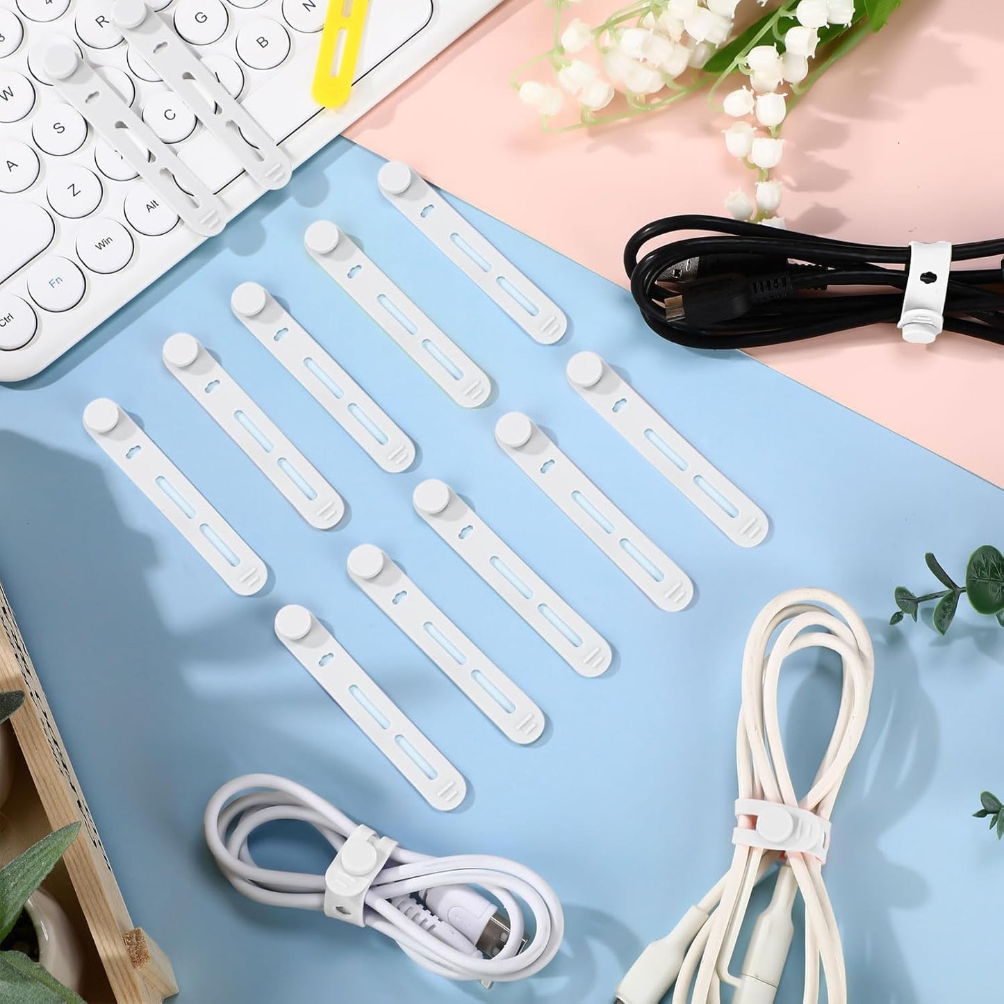 42 Pcs Silicone Cable Ties Reusable Cord Straps Multipurpose Elastic Cable Organizer for Bundling Fastening Earphone Phone Charger Home Office School, 3.15 Inch (White)