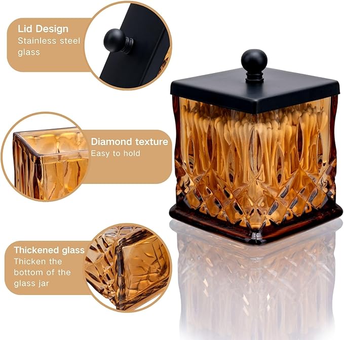 Qtip Holder,15Oz Amber Glass Apothecary Jars with Matte Black Lids for Bathroom Organization & Desk Storage,Thick Glass Apothecary Jars for Q-Tips,Cotton Rounds,Jewelry,Candy,Square