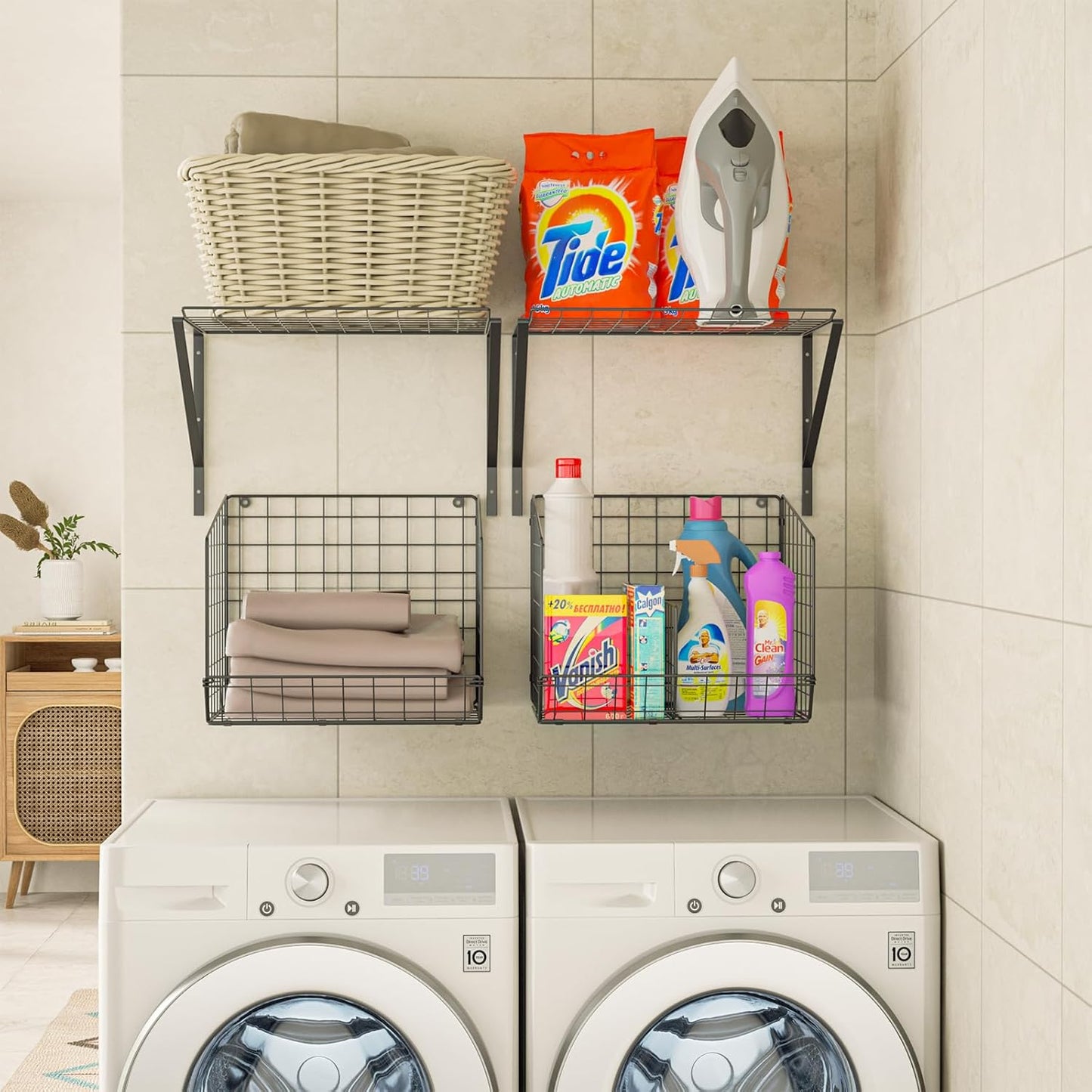 4 Pack Laundry Room Shelves Wall Mounted with Wire Baskets, Laundry Room Organizer and Storage, Over The Washer and Dryer Wire Shelf with 2 Removable dividers and 8 S-Shaped Hooks