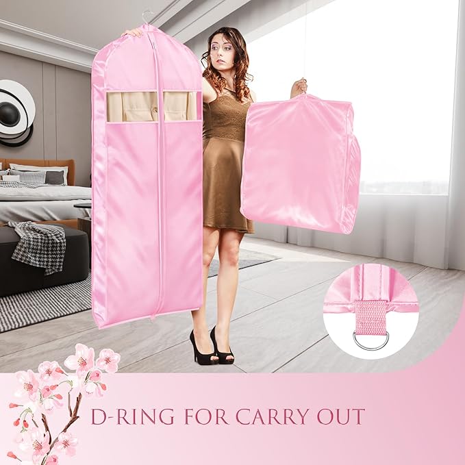 Univivi Super Soft Satin Garment Bags for Hanging Clothes, 60 Inch Zippered Dress Cover with Gussets, Breathable & Non-smell for Dresses, Coats, Jackets, Shirts, 2 Pack - Pink