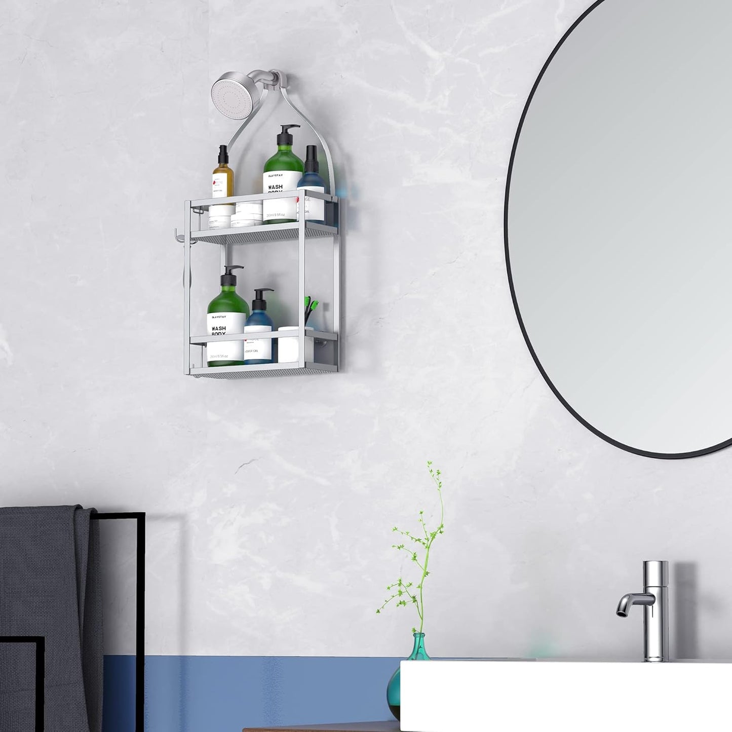 Meangood Shower Caddy, Silver Hanging Shower Caddy Organizer 10.4" x 4.5" x 22.04" Over Shower Head Big Capacity for Shampoo, Conditioner with Hooks for Razor/Sponge