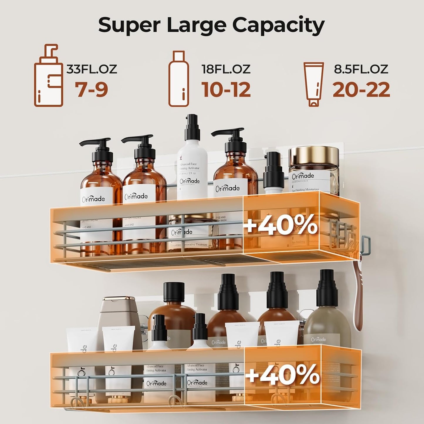 Orimade Adhesive Shower Caddy Soap Dish Holder Shelf with 5 Hooks Bathroom Organizer Basket Kitchen Storage Rack Wall Mounted No Drilling Stainless Steel - 3 Pack, Light Blue Grey