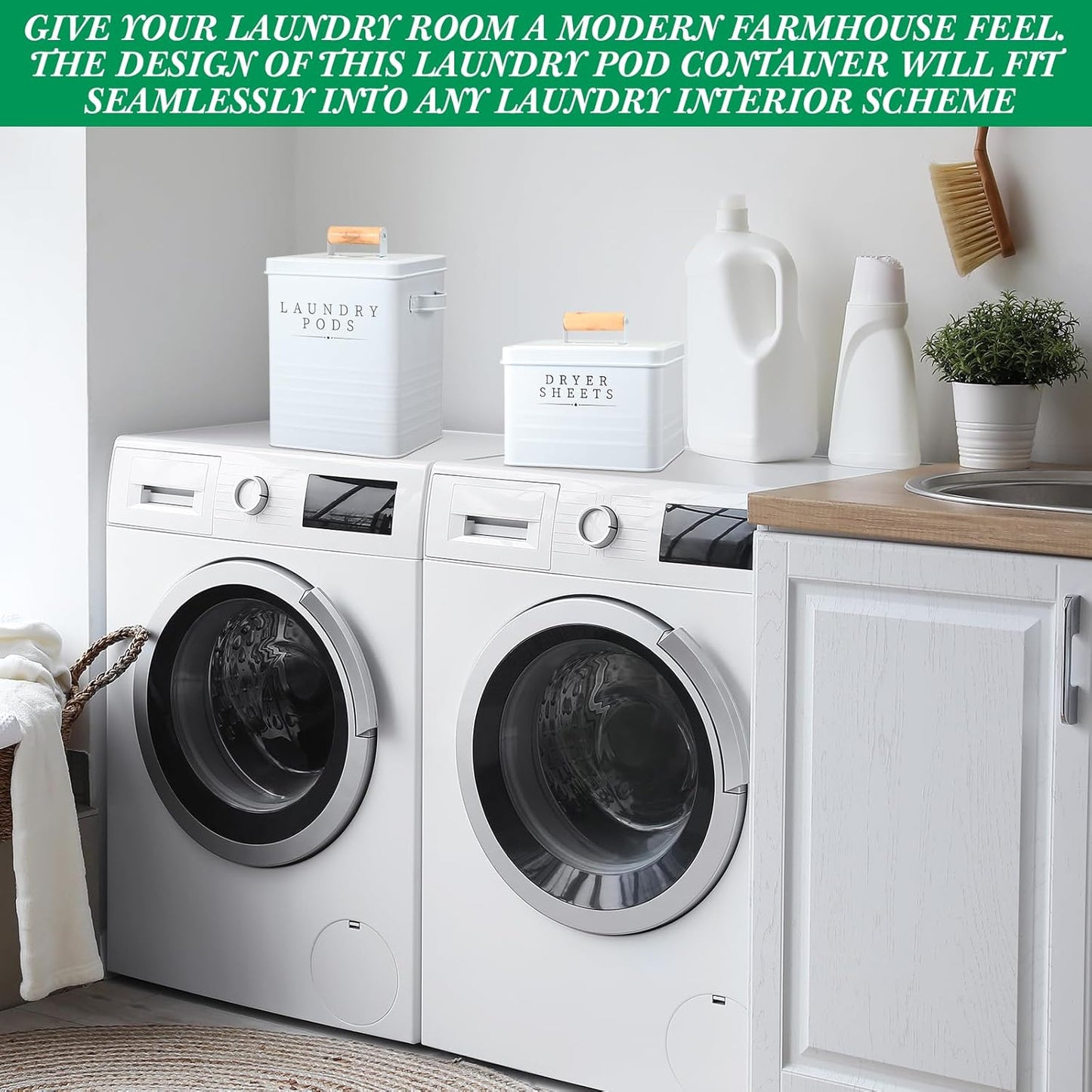 2 Pcs Laundry Pod Container with Dryer Sheet Holder Farmhouse Laundry Room Decor Organization and Storage Detergent Container Box with Lid Handle Metal Dryer Sheet Dispenser(White)