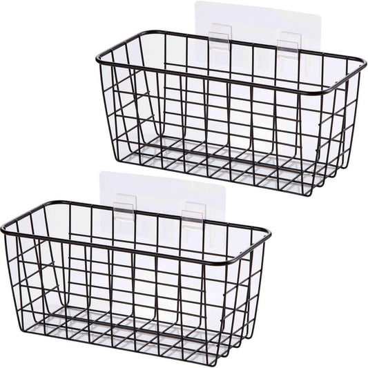 2 Set Adhesive Hanging Wall Basket Inside Cabinet Door Organizer,Wall StorageBasket-No Drilling Adhesive wall Basket for Cupboard Door, Space-Saving Small Hanging Baskets for Wall Mount Storage,Black
