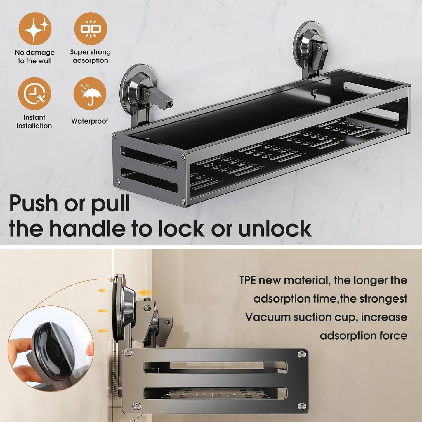 Shower Caddy Suction Cup, 11.8 inch suction shower shelf with Hooks NO-Drilling Bathroom Holder, Rustproof bathroom organizer, Dark Grey