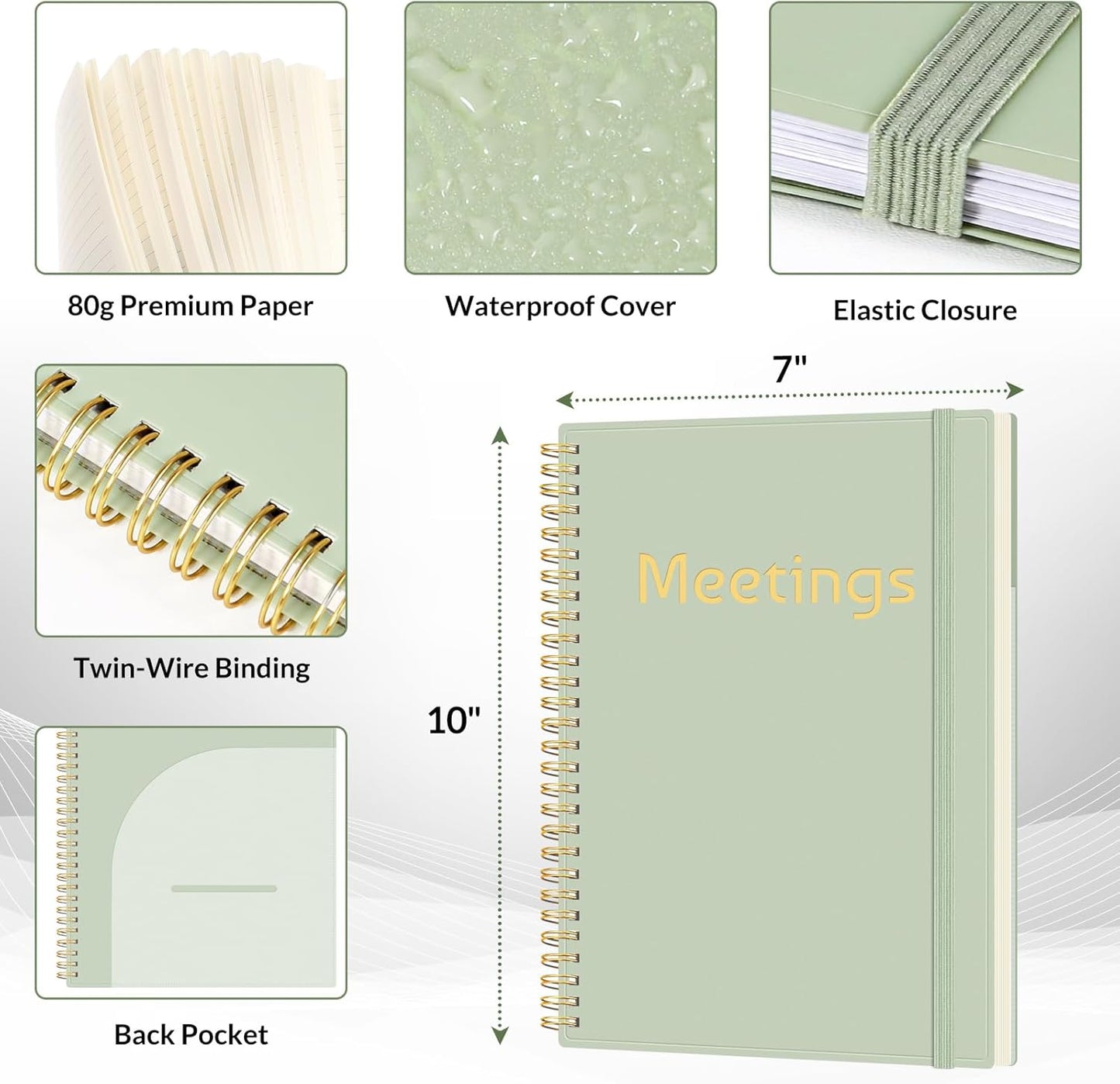 SUNEE Half Meeting Half Note 7"x10" Notebook for Work – 140 Pages, B5 Size Project Planner for Women&Men, Minutes Organizer for Meeting Notes, Ideas for Office/Business, PVC Waterproof Cover, Green