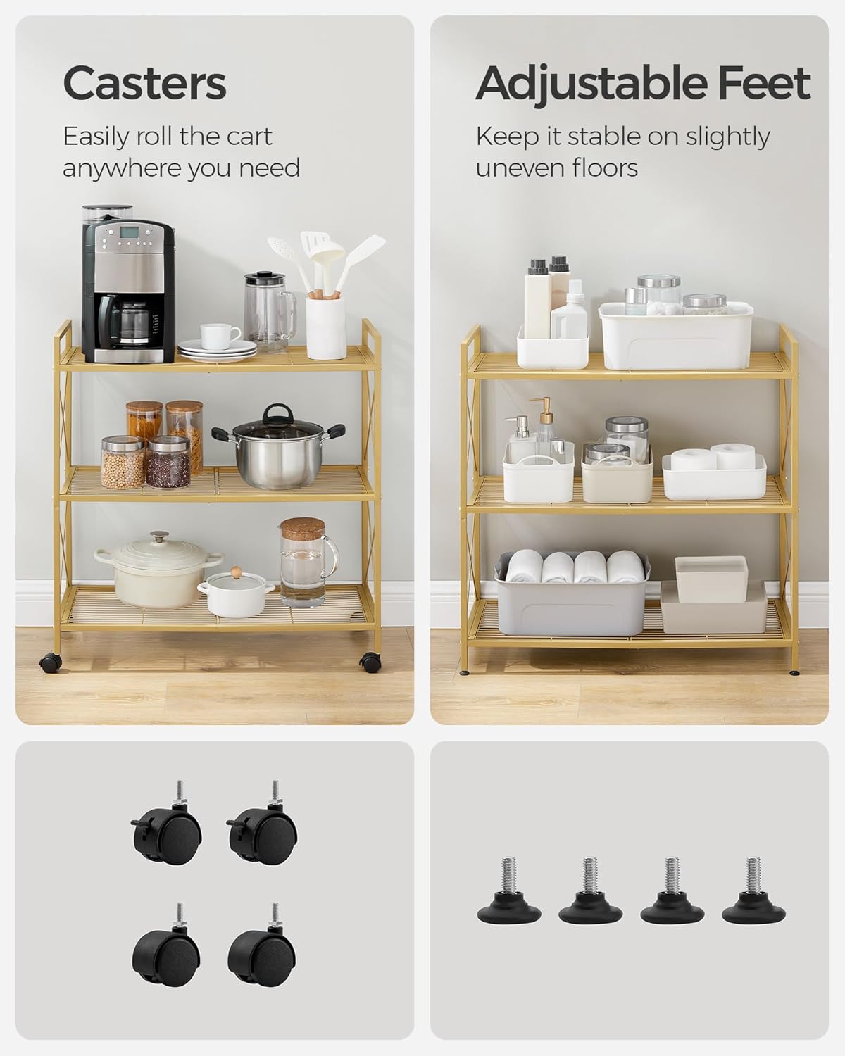 SONGMICS 3-Tier Metal Storage Rack with Wheels, Mesh Shelving Unit with X Side Frames, 31.5-Inch Width, for Entryway, Kitchen, Living Room, Bathroom, Industrial Style, Metallic Gold UBSC183A01