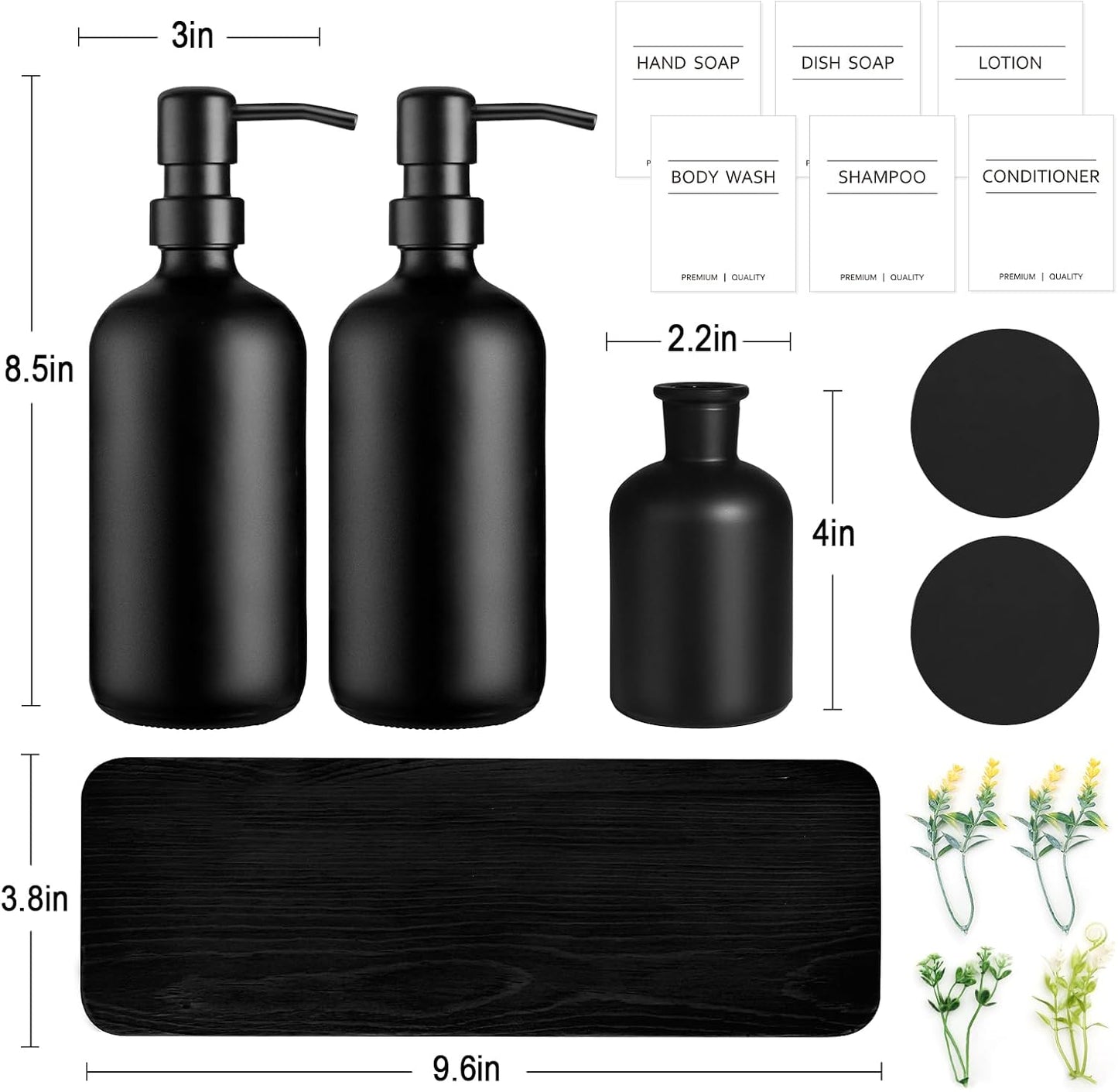 Dish Soap Dispenser for Kitchen, Black Hand Soap Dispenser with Stainless Steel Pump, Kitchen Soap Dispenser Set with Wood Riser Tray, Matte Black Bathroom Soap Dispenser Set Bathroom Decor