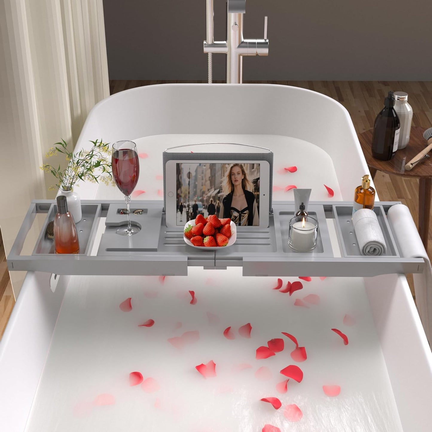 Bathtub Caddy Tray for Tub,Foldable Bath Table Trays,Bamboo Shelf with Book and Wine Glass Holder,Bathroom Accessories Suitable for Luxury Spa or Reading,Gray