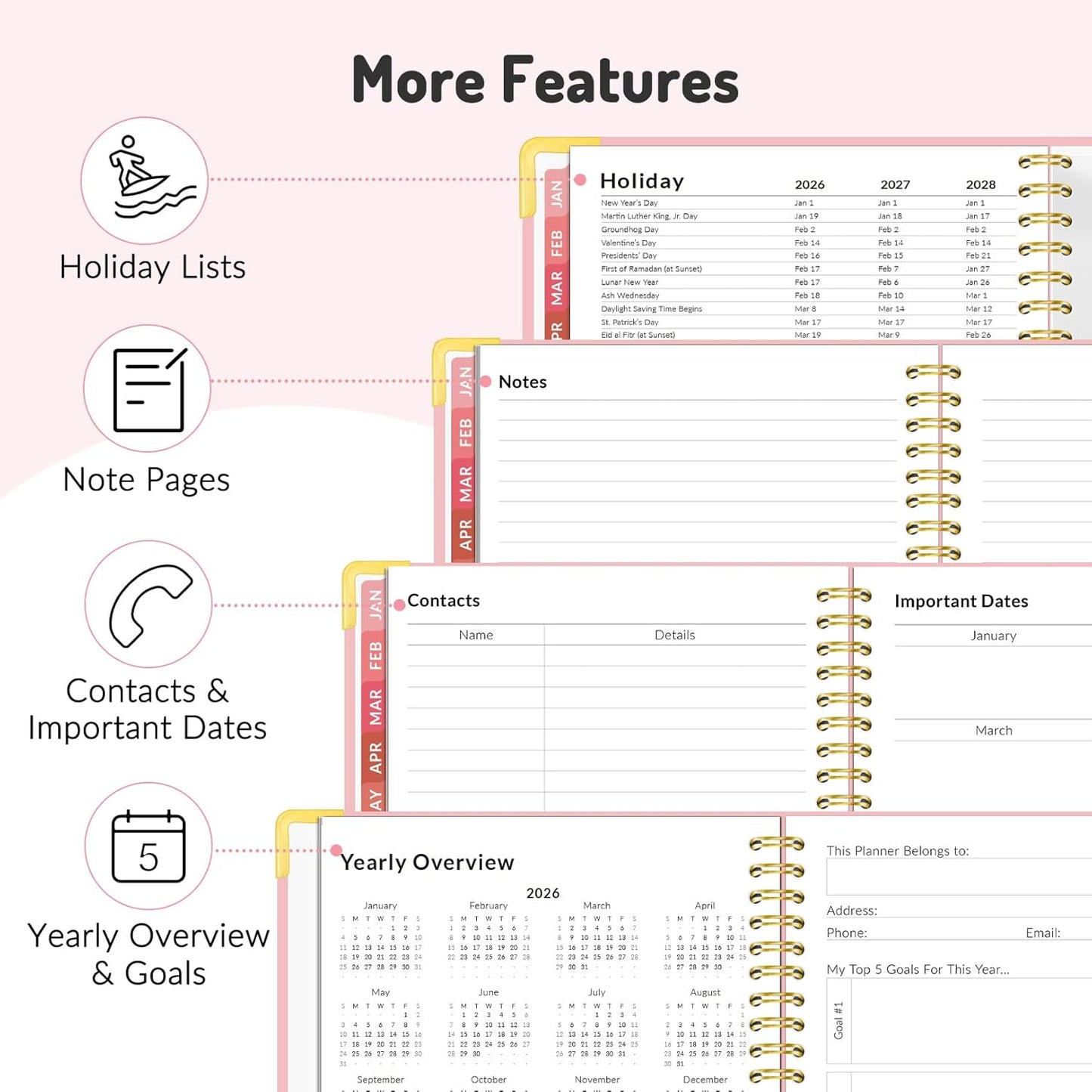 Forvencer Planner 2026-2027, 18 Month Weekly and Monthly Calendar Planner, Jan 2026 -June 2027, 6.3" x 8.4", Daily Agenda Book with Tabs, College Organizer Notebook, School Supplies for Student Teacher Classroom, A5, Pink