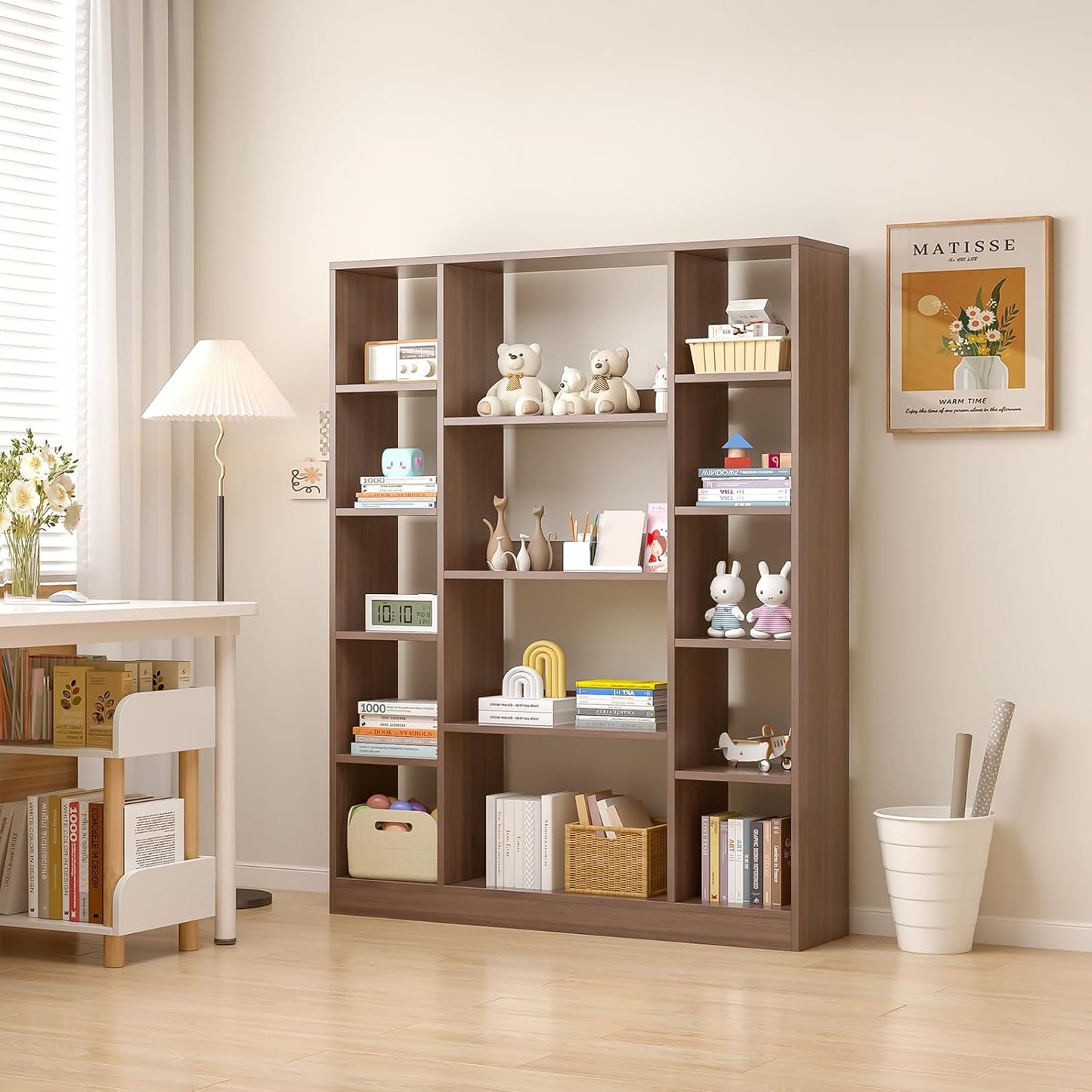 Cube Storage Bookcase with Base - Large Wooden Bookshelf with 10 Open Cubes and 4 Shelves for Home and Office, Freestanding Organizer, Walnut
