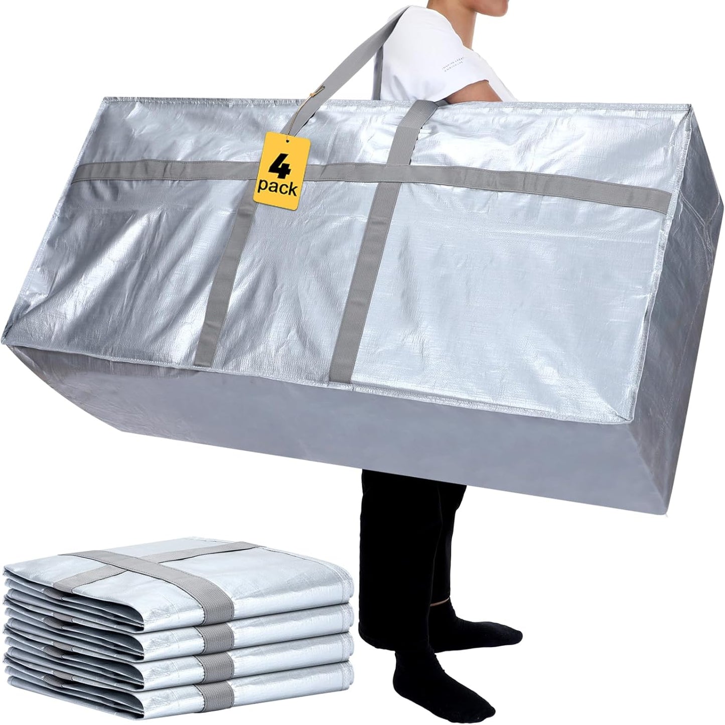 4 Pcs 96 Gallon Large Moving Bags with Zipper and Handles Foldable Storage Duffle Bags Heavy Duty Extra Large Totes for College Dorm Travel Clothes Blankets Bedding Moving (Silver)