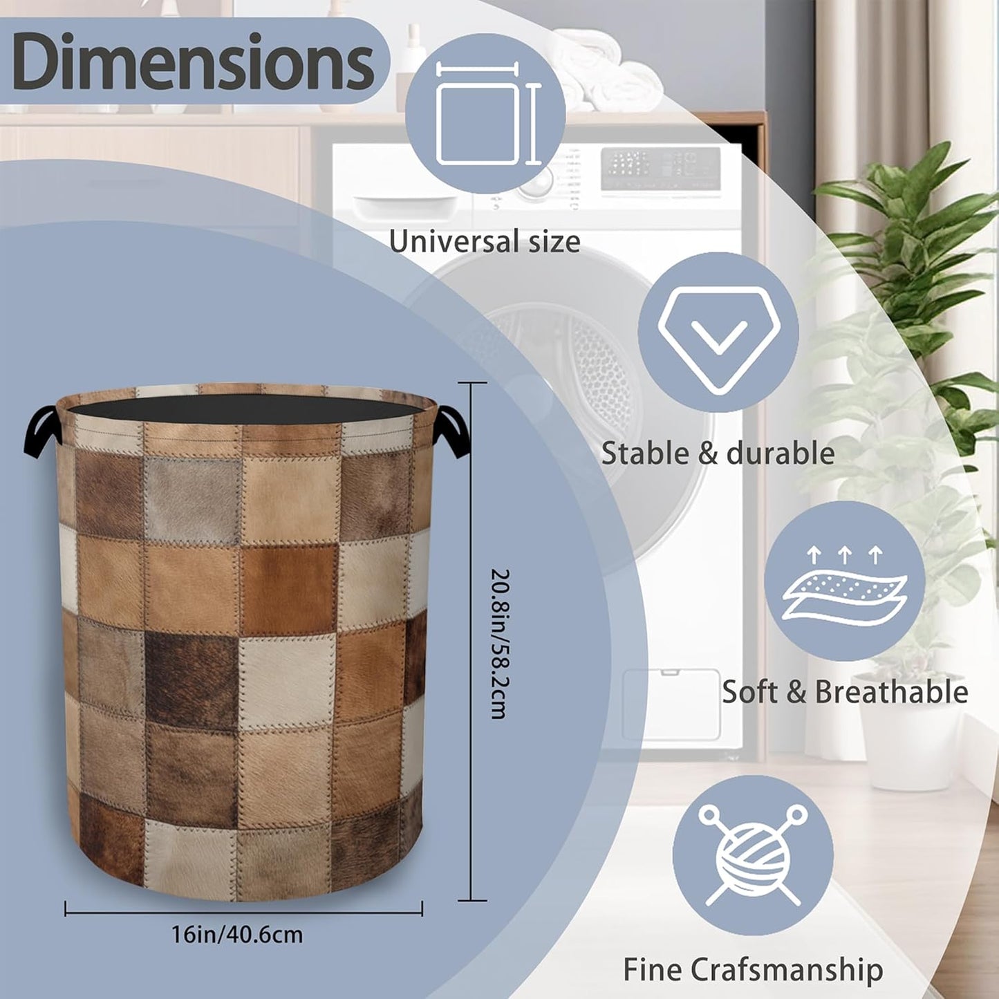 Vintage Cowhide Laundry Basket,Oxford Cloth Laundry Hamper with Handle Foldable Portable Clothes Storage Basket for Bathroom Bedroom Dorm Room 16" x 20.8"