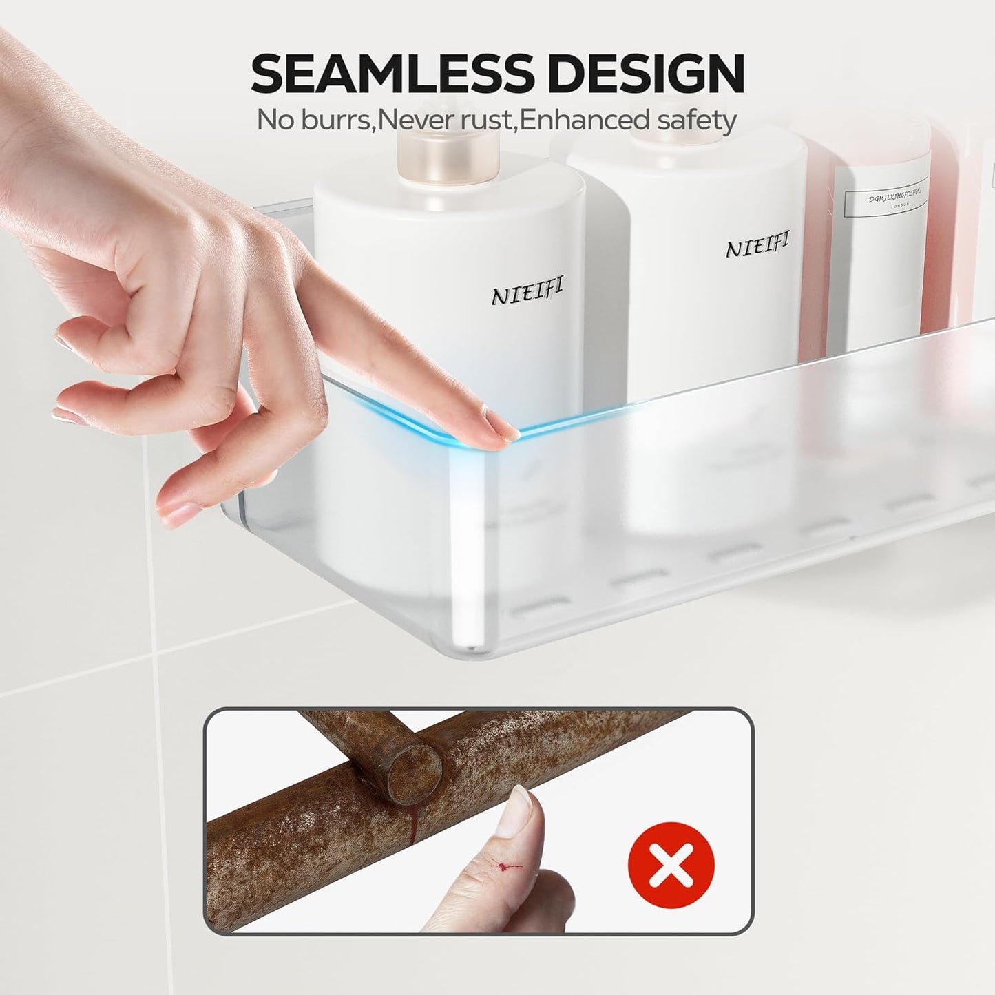 Nieifi Adhesive Wall Shelf, Shower Shelves 5 Pack with Soap Holder, Shower Organizer for Bathroom Organization, Clear