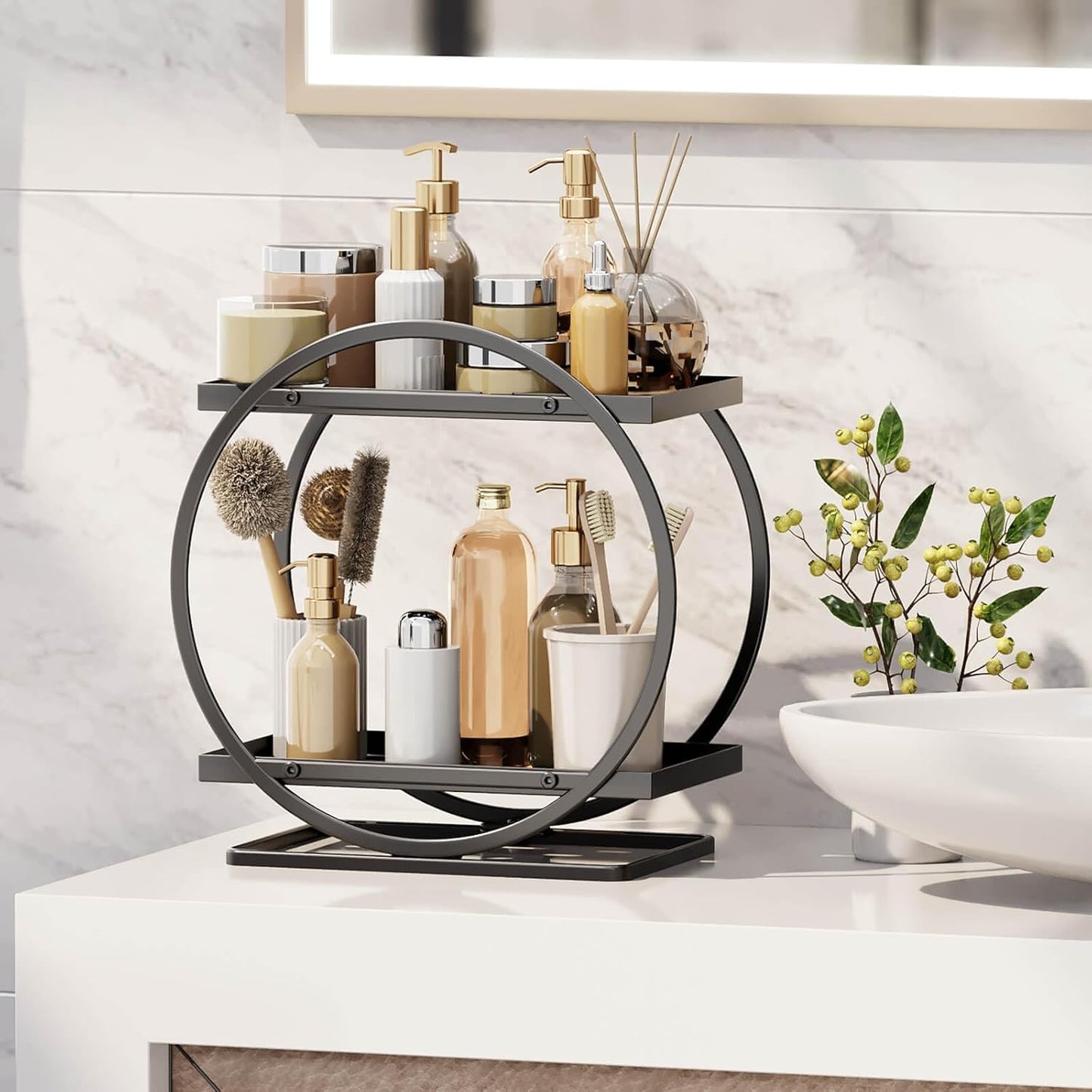 Bathroom Counter Organizer, Black Perfume Organizer for Dresser, 2 Tier Bathroom Organizer Countertop, Vanity Makeup Organizers, Skincare Display Tray for Bathroom Sink Storage