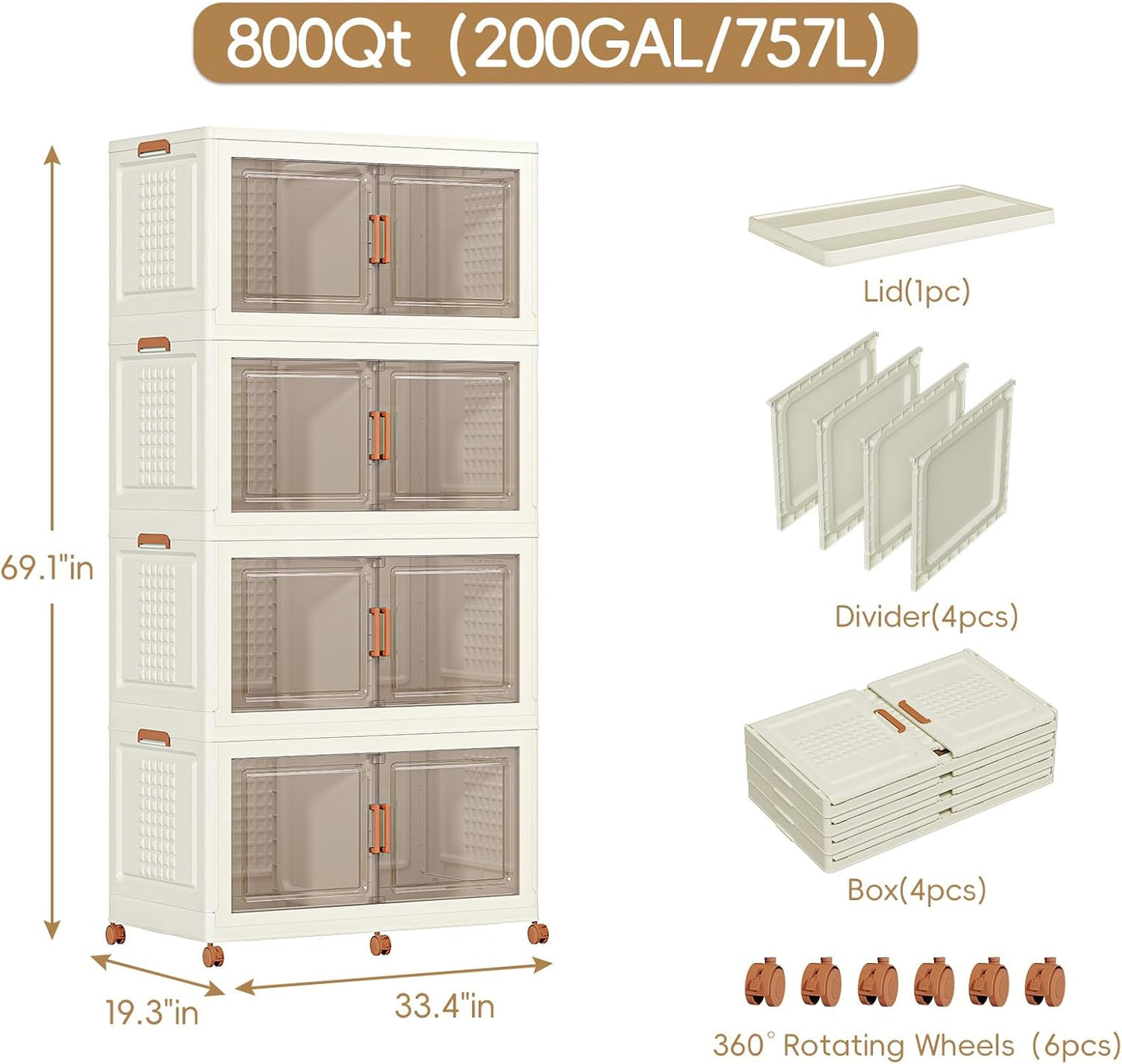 JEKO&JEKO 800Qt Foldable Storage Bins with Lids, Doors & Dividers, Stackable Plastic Drawers with Wheels for Home, Closet & Garage Organizer, 4 Pack, Cream