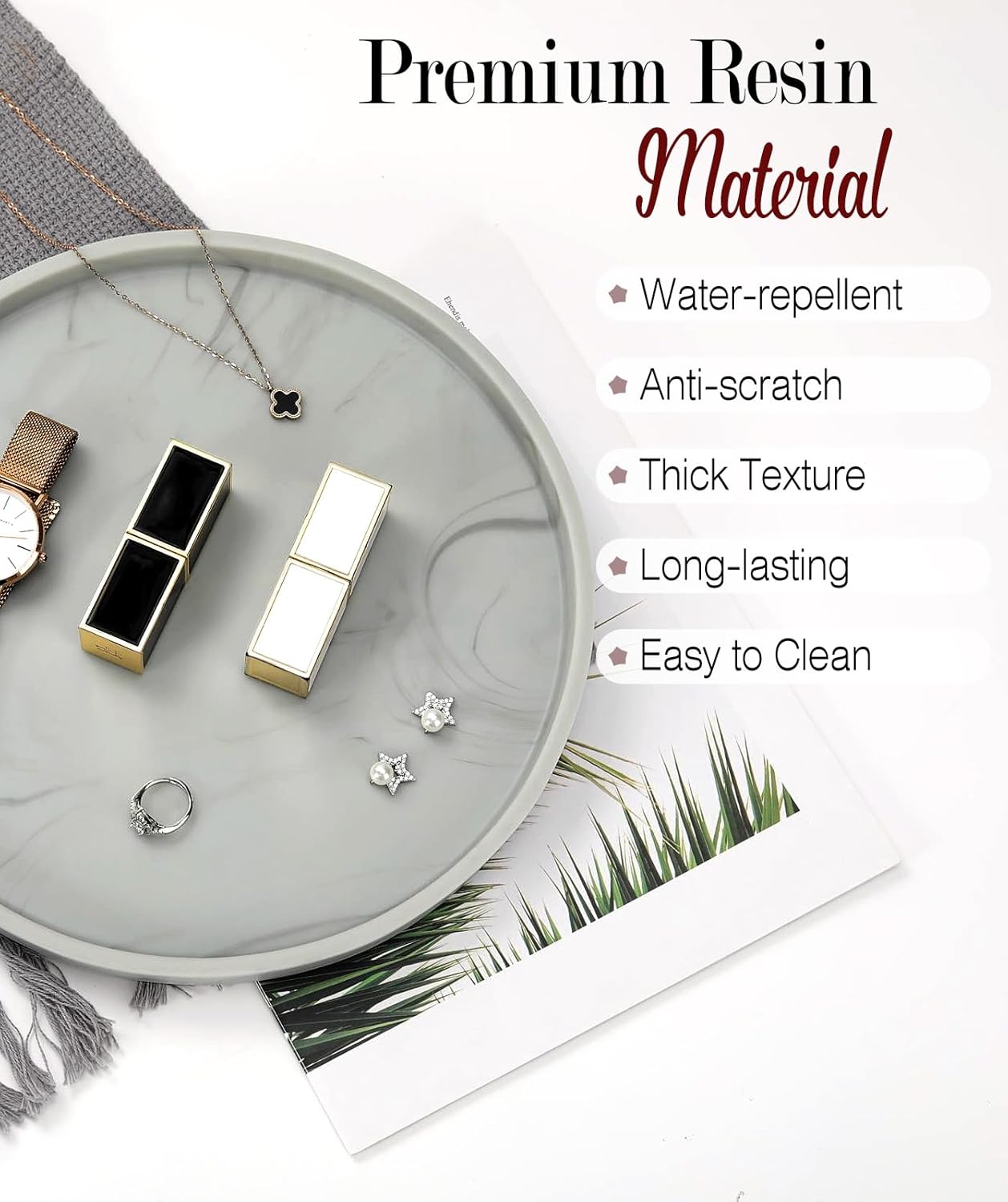 Emibele Vanity Tray, Resin Round Tray Decorative Storage Organizer for Bathroom Toilet Tank Bedroom Kitchen Countertop, Jewelry Storage Dresser for Candle,Lotion Bottle,Cosmetics, Matte Ink Grey