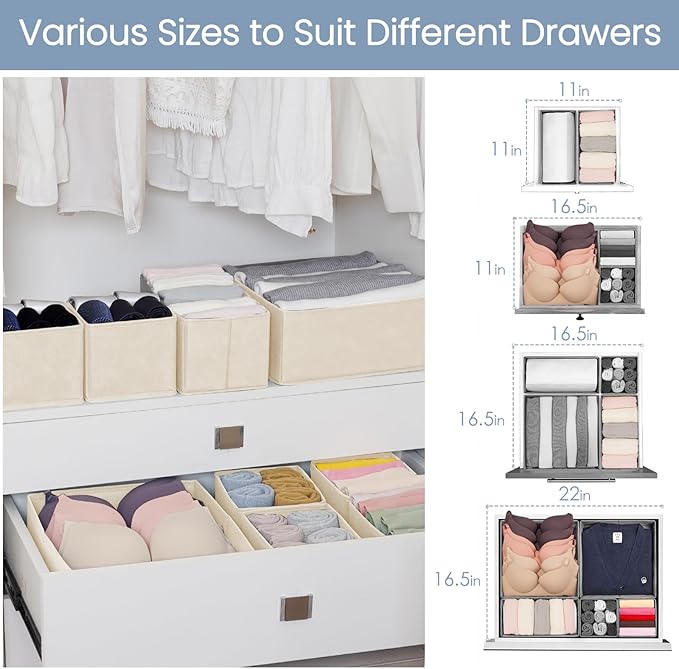 Criusia Drawer Organizer Clothes, 24 Pack Underwear Drawer Organizers, Foldable Closet Organizers and Storage Dresser Drawer Dividers Clothing Organizer for Clothes, Socks, Scarves, Bra, Ties (Beige)