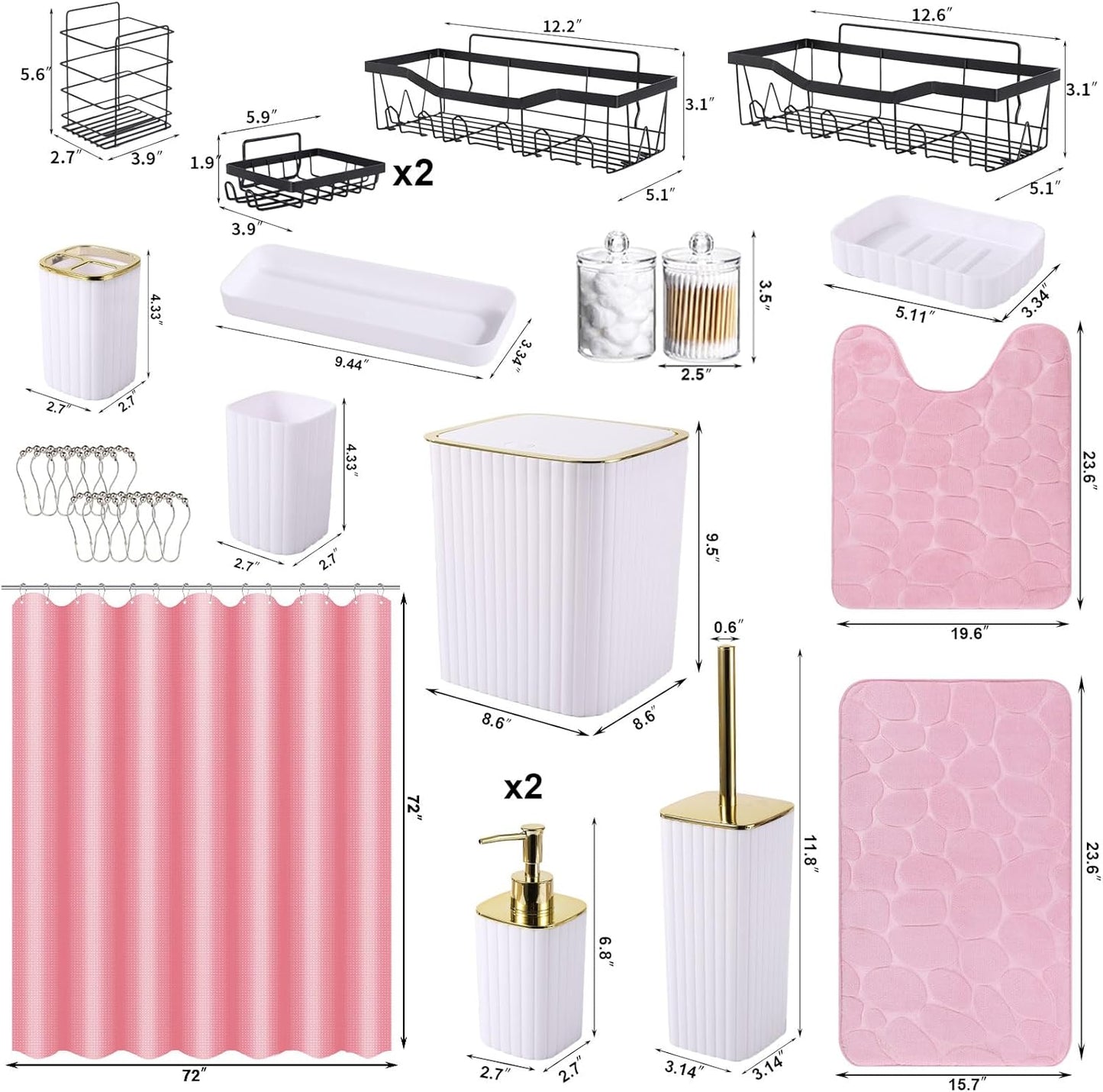 Bathroom Accessories Set - 30PC Gorgeous White Bathroom Set, Bathroom Accessory Set, Pink Shower Curtain Set with Shower Caddies, Soap Dish & Trash Can