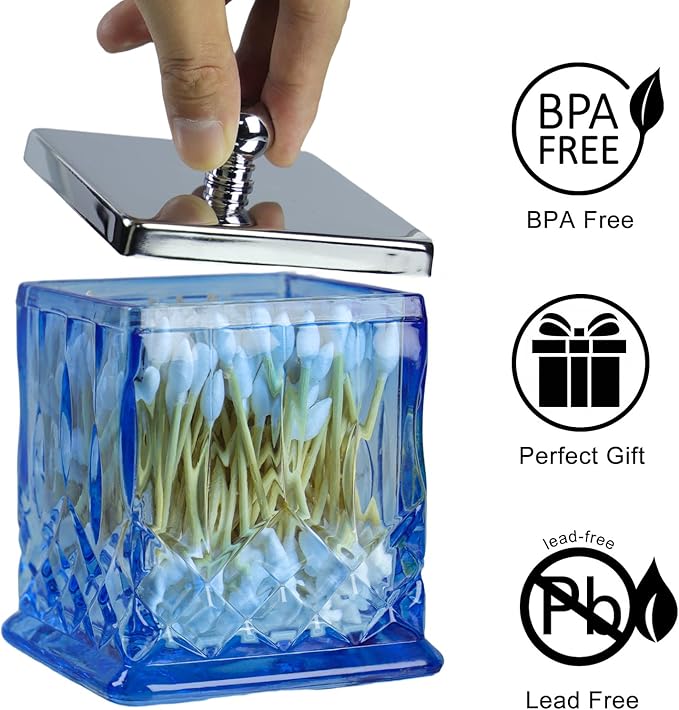 Qtip Holder,15Oz Blue Glass Apothecary Jars with Silver Lids for Bathroom Organization & Desk Storage,Thick Glass Apothecary Jars for Q-Tips,Cotton Rounds,Jewelry,Candy,Square