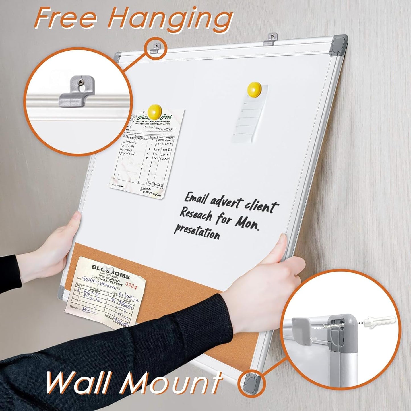 S SWANCROWN Dry Erase Board Cork Board Combo, Magnetic White Board and Bulletin Pin Board Combination,Hanging Wall Mounted Vision Board for Home, School, Office,Silver Frame,24"x18"
