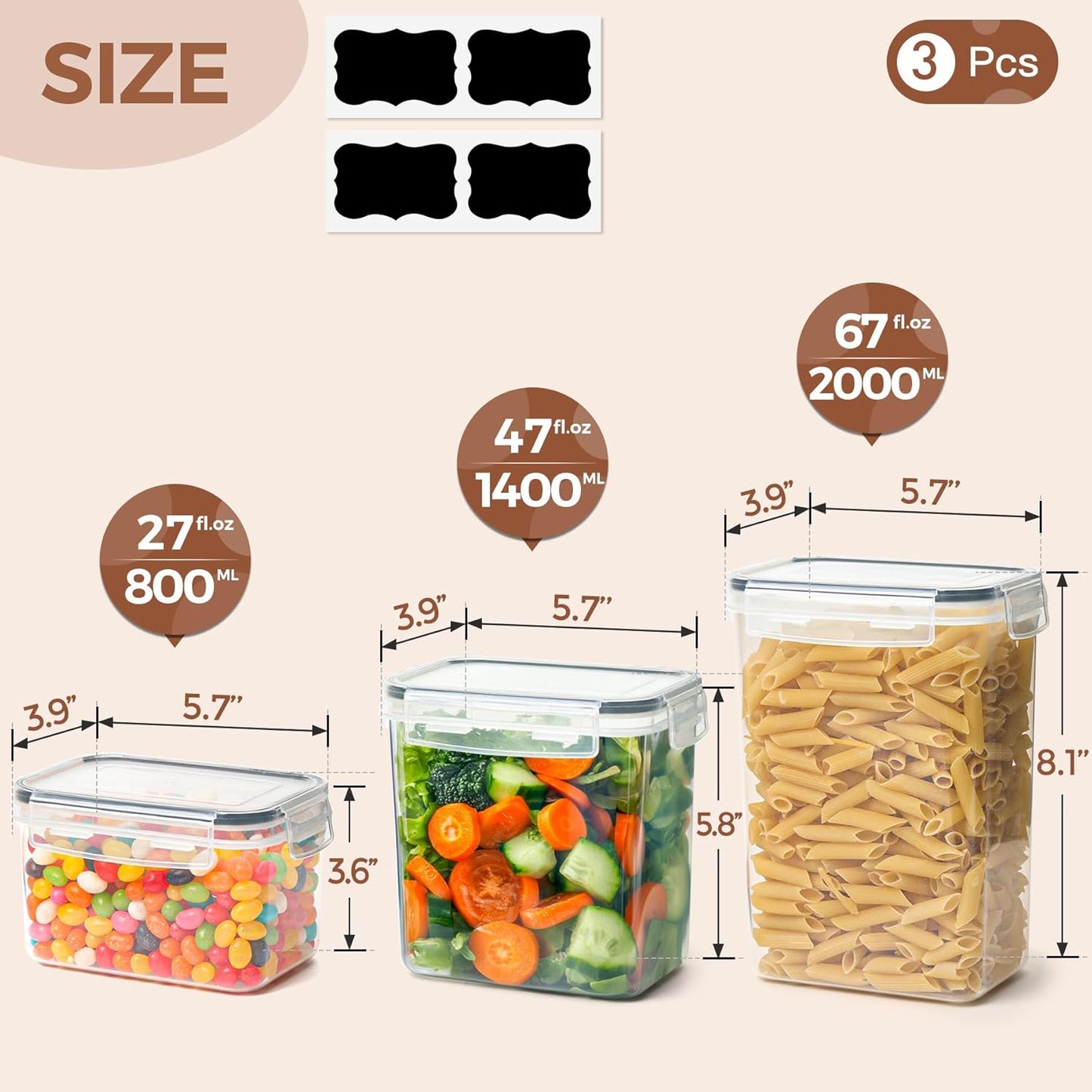 ComSaf Food Storage Containers with Lids Set of 3 (2L/2.1Qt) (1.4L/1.5Qt) (0.8L/0.8Qt), Airtight Food Storage Container, Plastic Canister Sets for Kitchen, Pantry Organizer for Sugar, Cereal and Snack