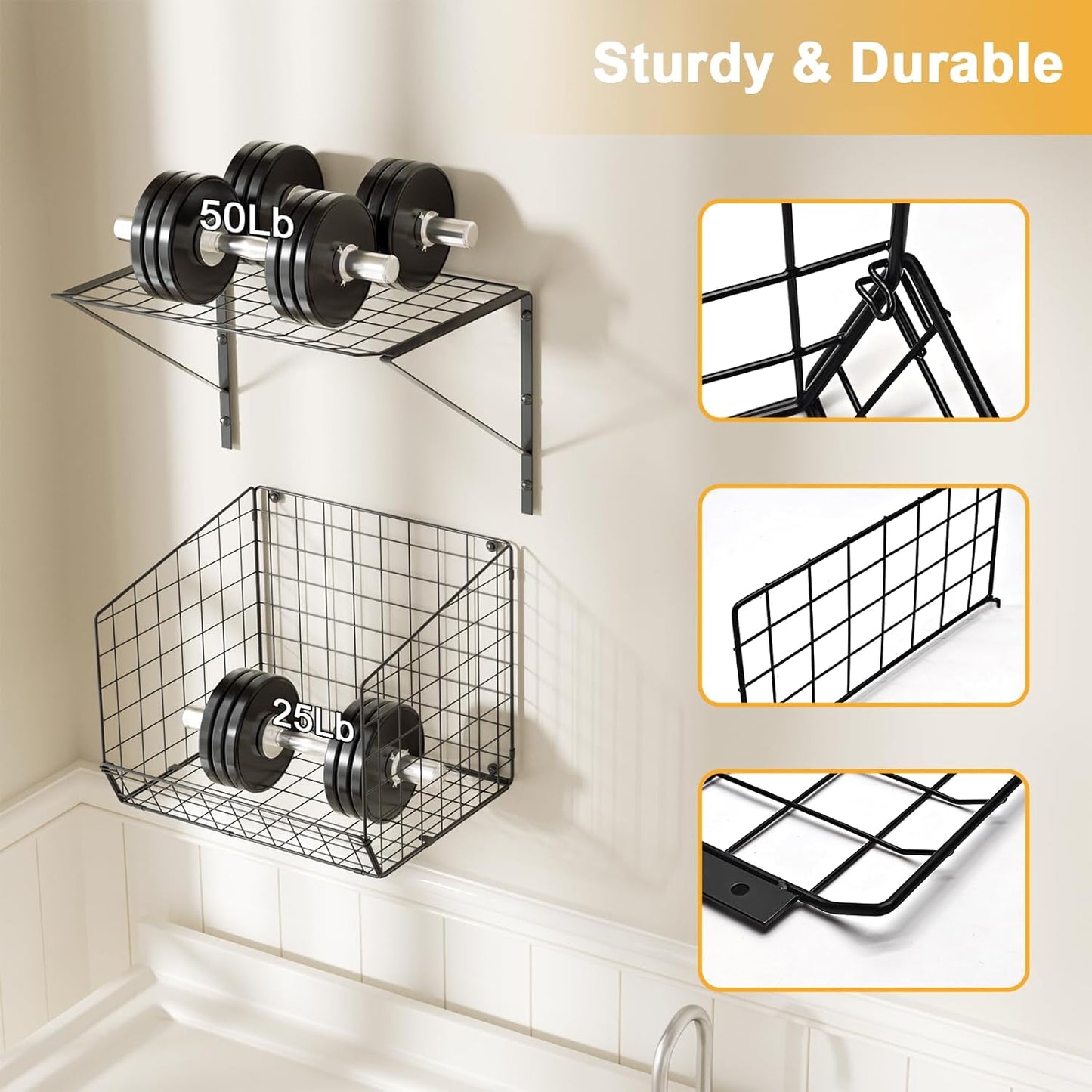 4 Pack Laundry Room Shelves Wall Mounted with Wire Baskets, Laundry Room Organizer and Storage, Over The Washer and Dryer Wire Shelf with 2 Removable dividers and 8 S-Shaped Hooks