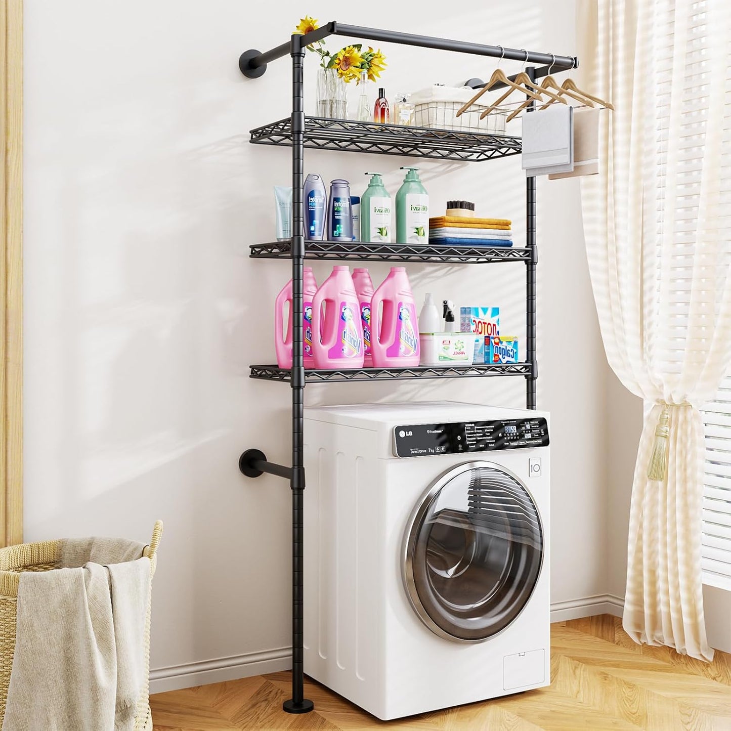 U17 Wall-Mounted Over Washer and Dryer Storage Shelves, Without Moving Washer or Dryer Laundry Room Storage Rack with Hanger Rod, 35" W x 22" D x 86.2" H, Holds 352 lbs, Black