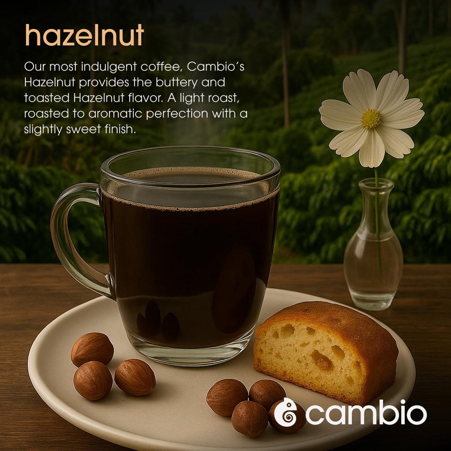 Cambio Roasters Organic Hazelnut Coffee Keurig KCups, Only Aluminum K Cup for Better & Longer Lasting Flavor, Nutty and Slightly Sweet Light Roast Kcup Keurig Coffee Pods, Lower Acid Kcups, 10 count