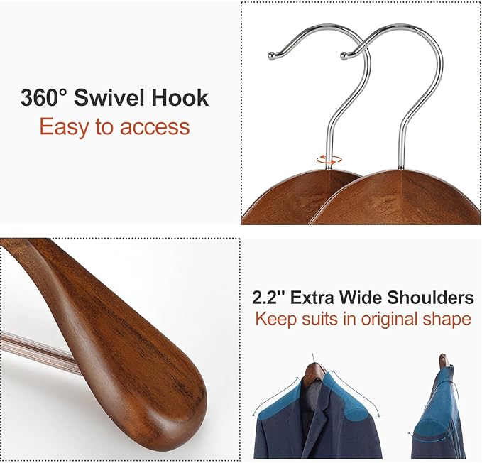 TOPIA HANGER Wide Shoulder Wooden Hangers, Suit Hangers with Non Slip Pants Bar & 360° Swivel Hook, Solid Wood Heavy Duty Coat Hanger, 10 Pack (Walnut)-CT02WA-10