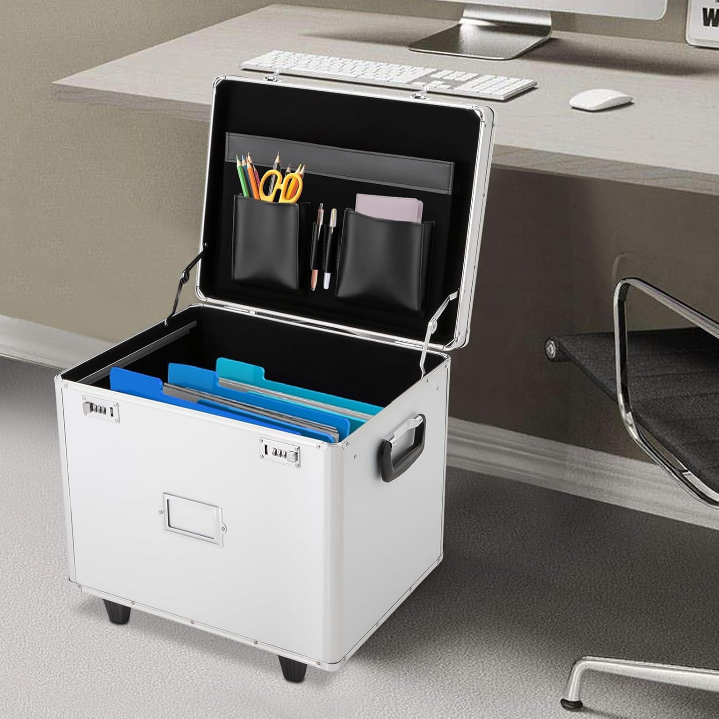 Rolling Cart for Teachers, Rolling File Cart with Hanging Folders, Portable File Box with Handle, Aluminum Alloy, Passcode Lock, Silver