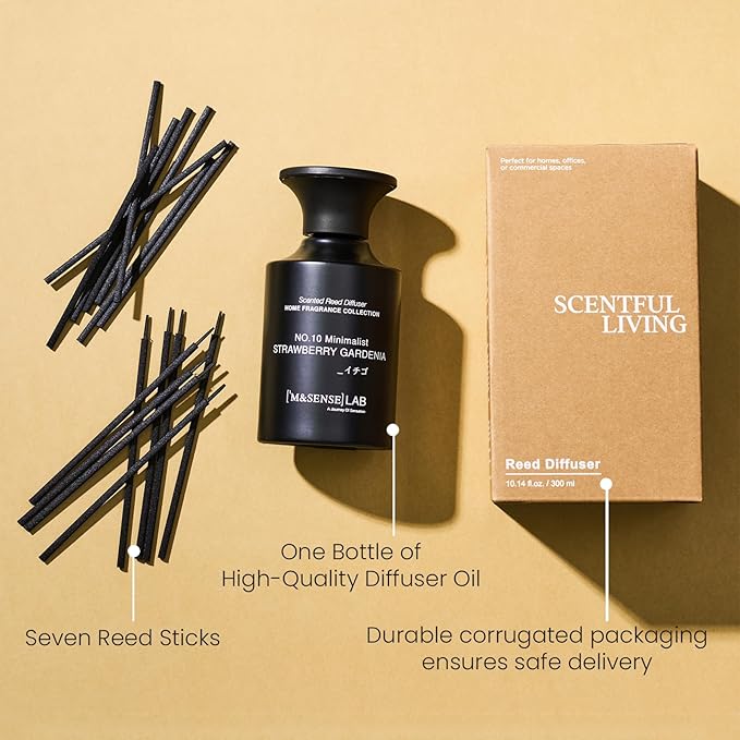 M&SENSE Minimalist Large Reed Diffuser 300ml, Strawberry Gardenia Scented with Natural Essential Oils, Long Lasting with 7 Sticks, Non-Toxic Home Fragrance for Bedroom, Bathroom Decor